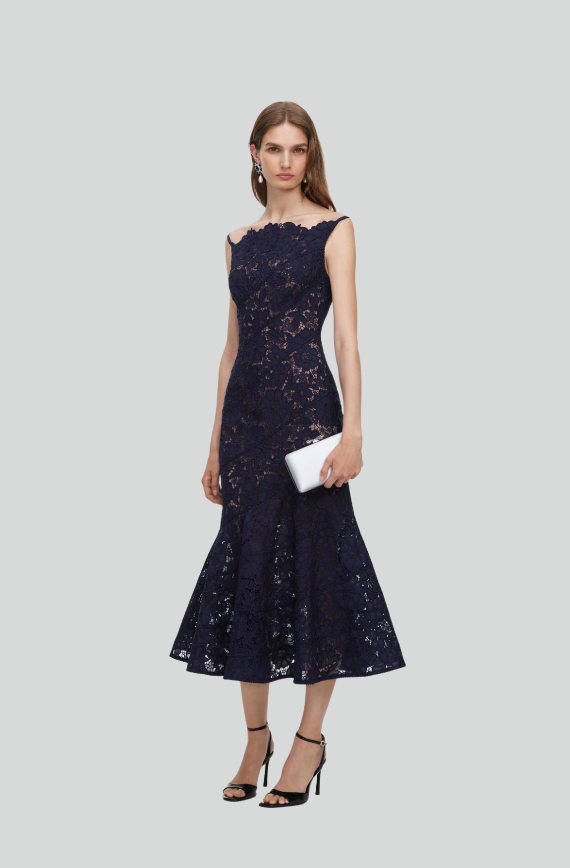 NAVY SPIRAL LACE MIDI DRESS
