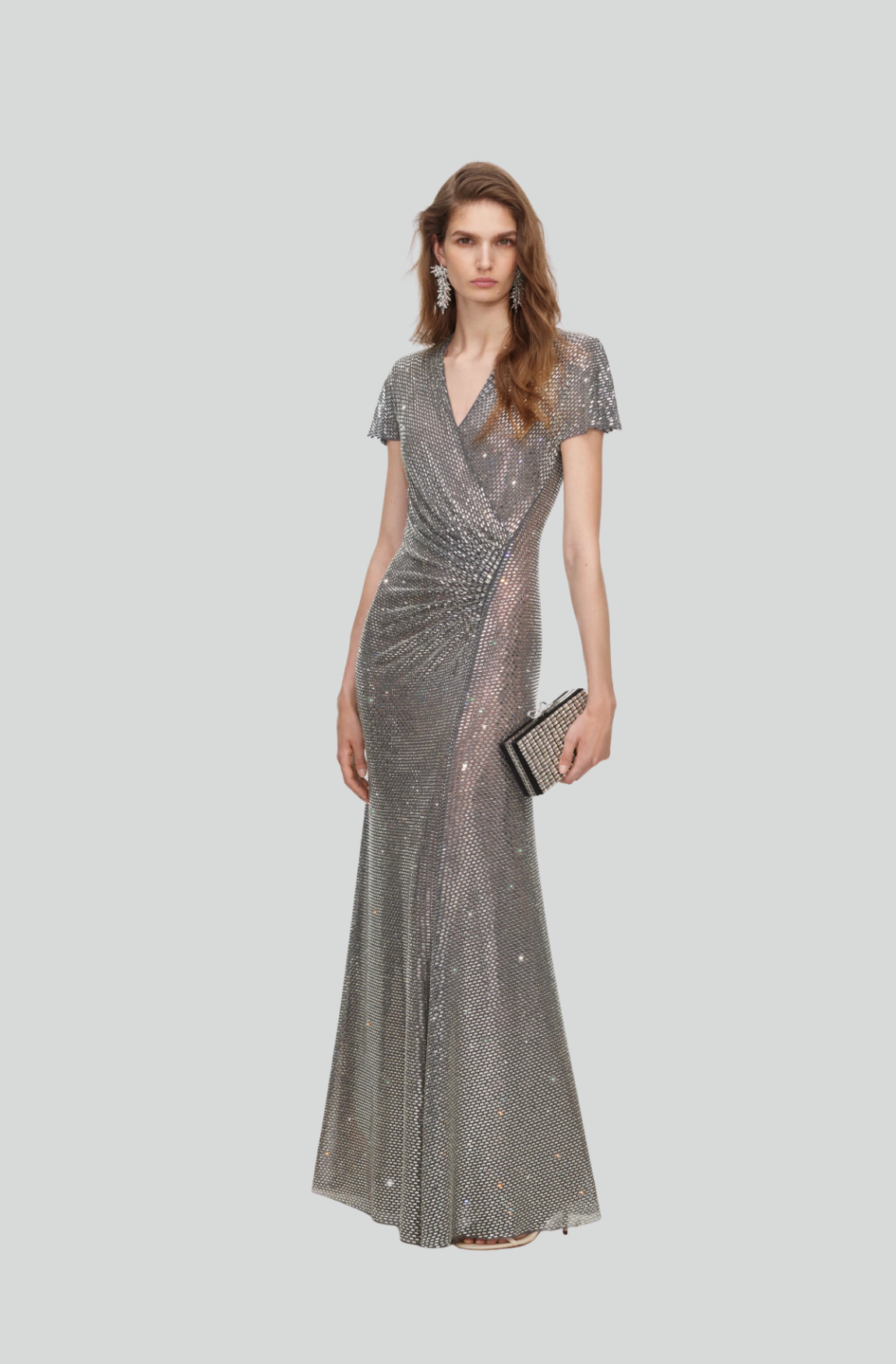GREY RHINESTONE MESH WRAP MAXI DRESS