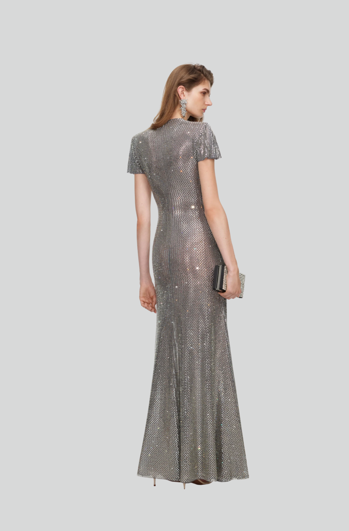 GREY RHINESTONE MESH WRAP MAXI DRESS