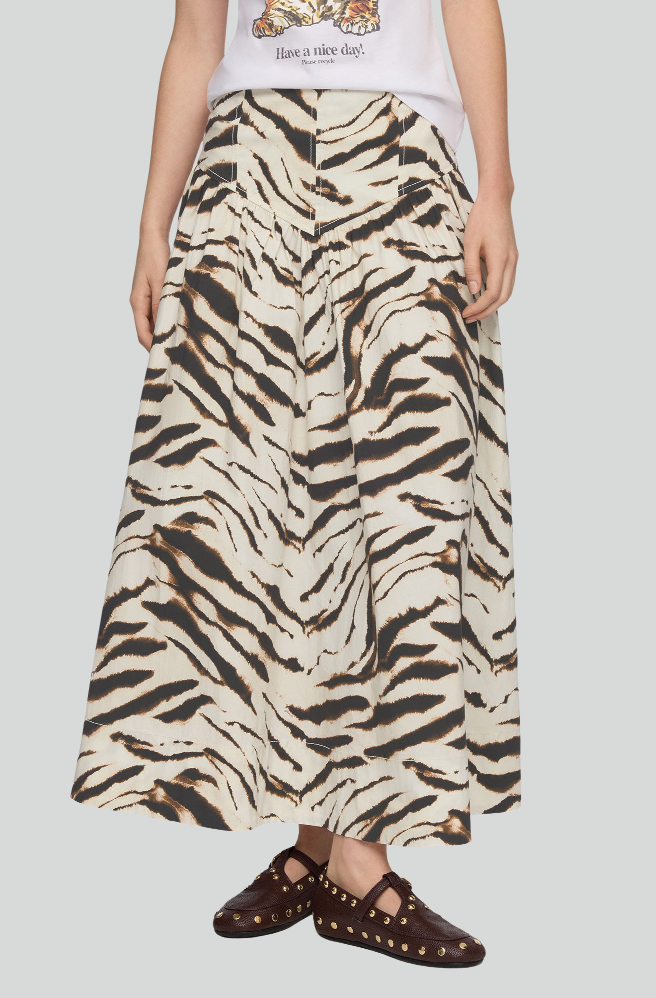 PRINTED STRECH COTTON LONG SKIRT EGRET