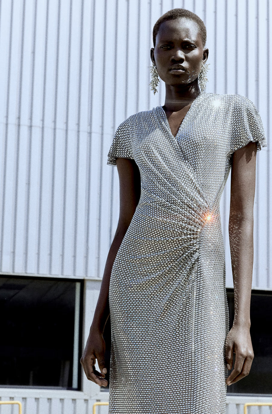 GREY RHINESTONE MESH WRAP MAXI DRESS