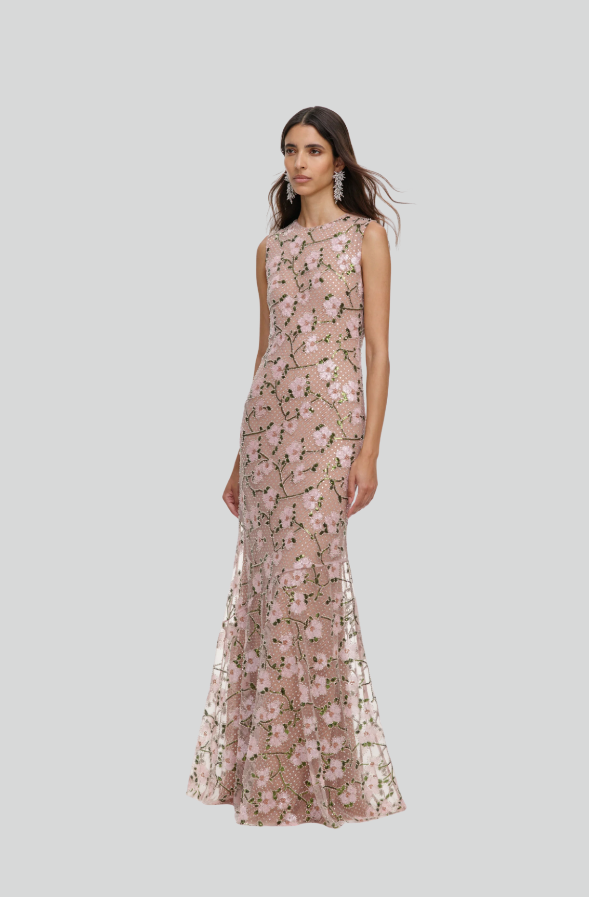 PINK RHINESTONE SEQUIN MESH MAXI DRESS