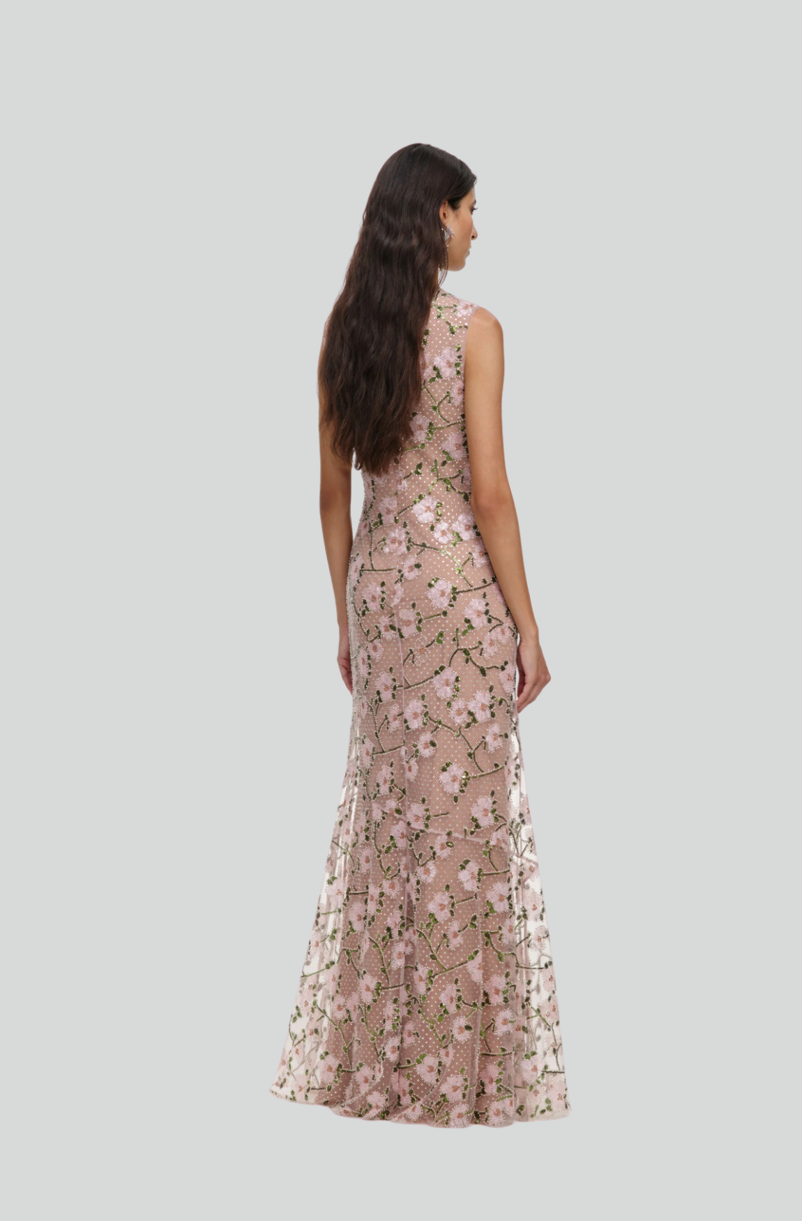 PINK RHINESTONE SEQUIN MESH MAXI DRESS