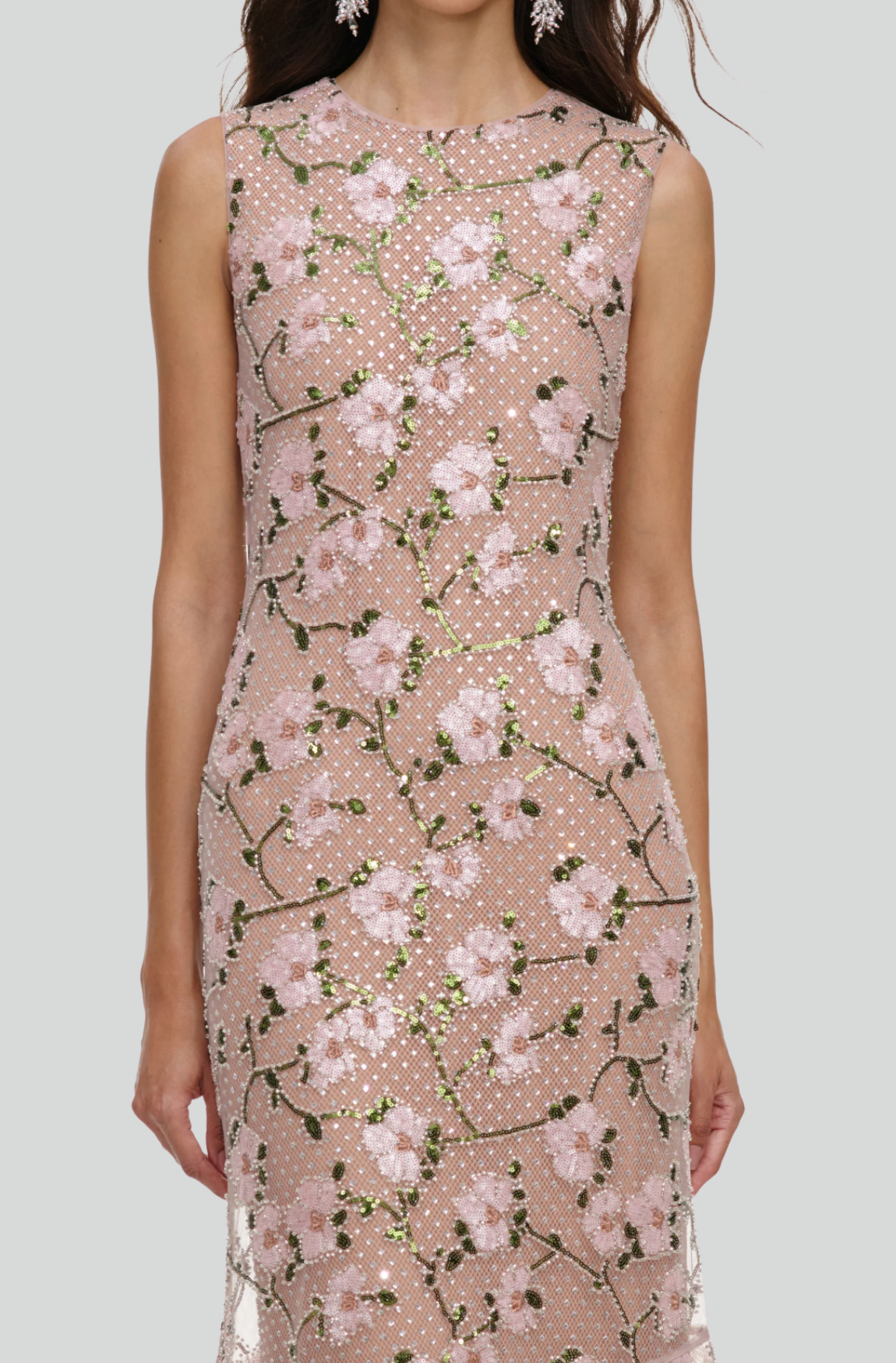 PINK RHINESTONE SEQUIN MESH MAXI DRESS