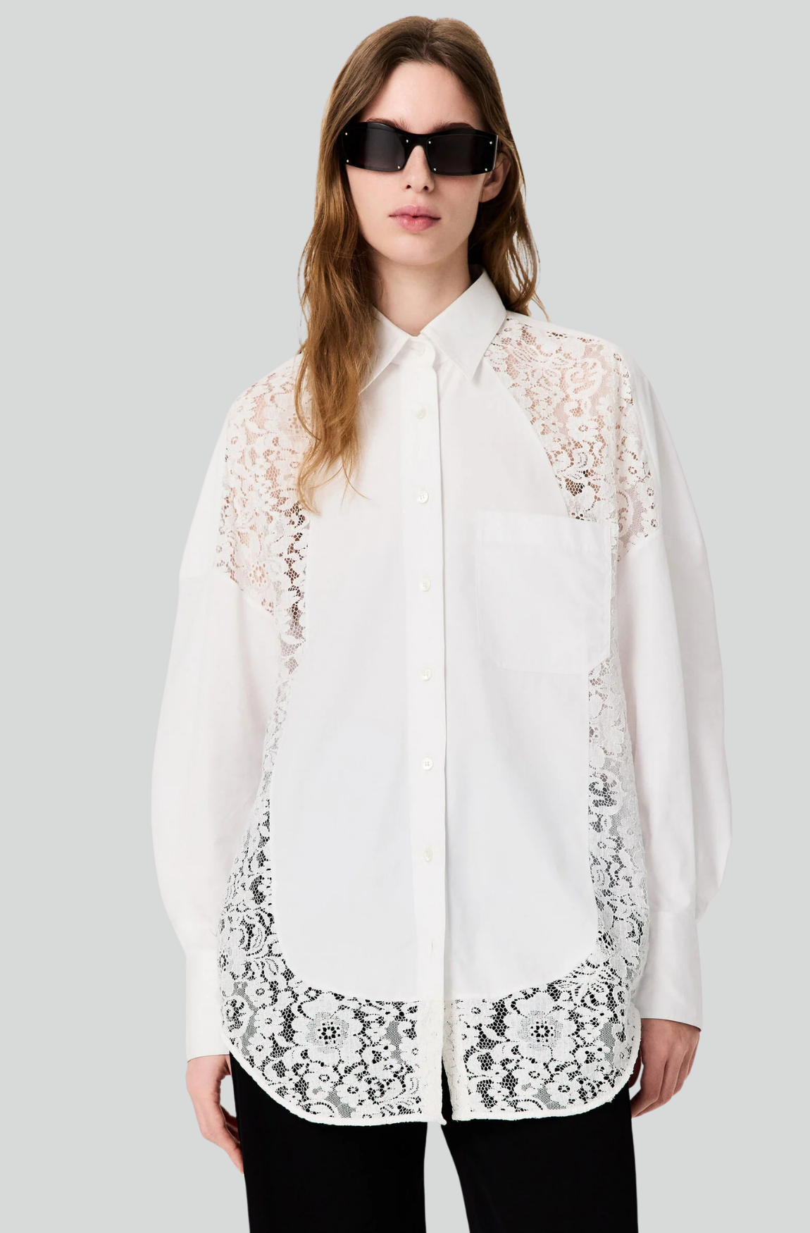 LACE-PANELED POPLIN SHIRT