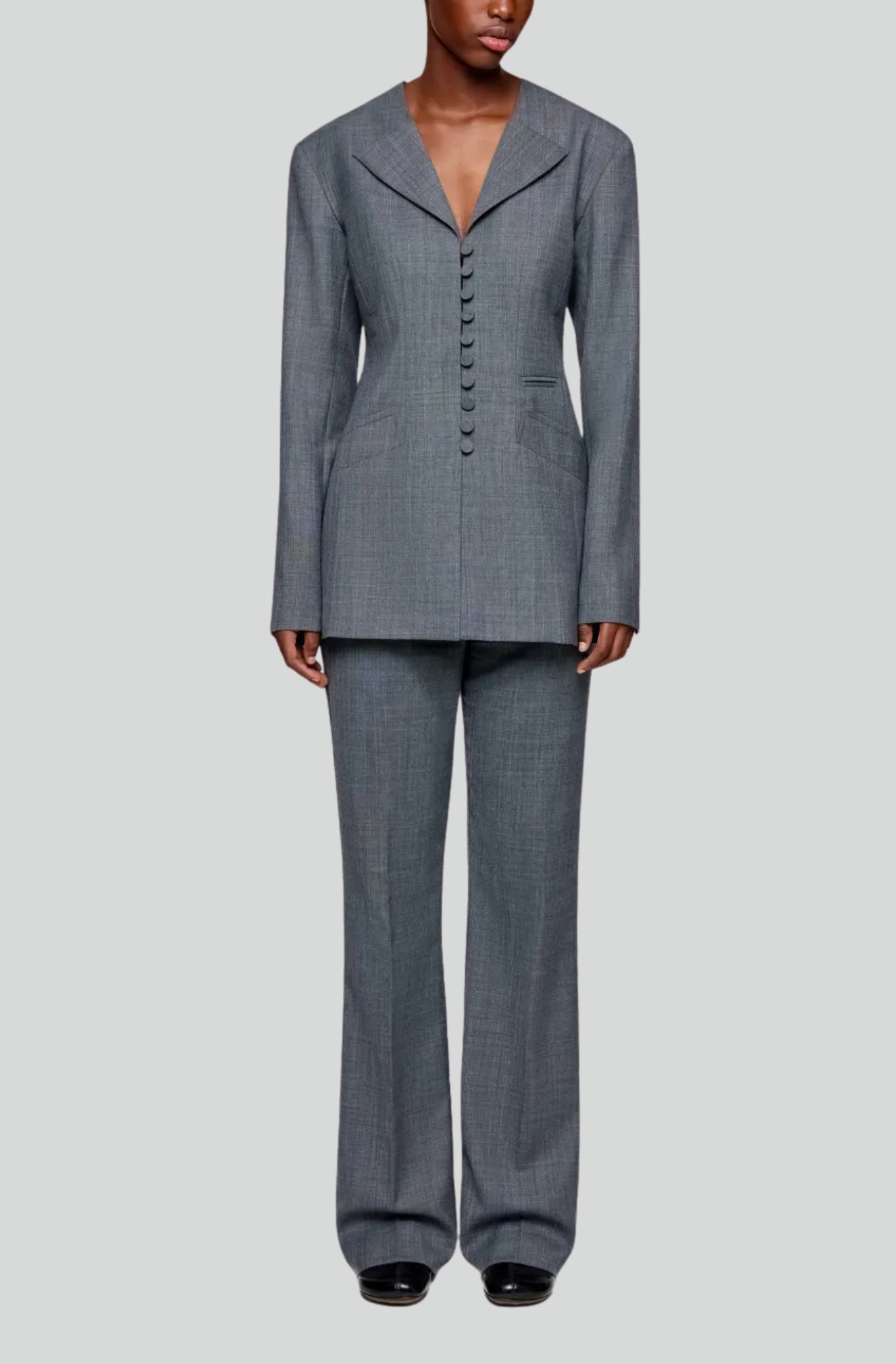 WOOL MELANGE SUITING LONG BUTTON BLAZER