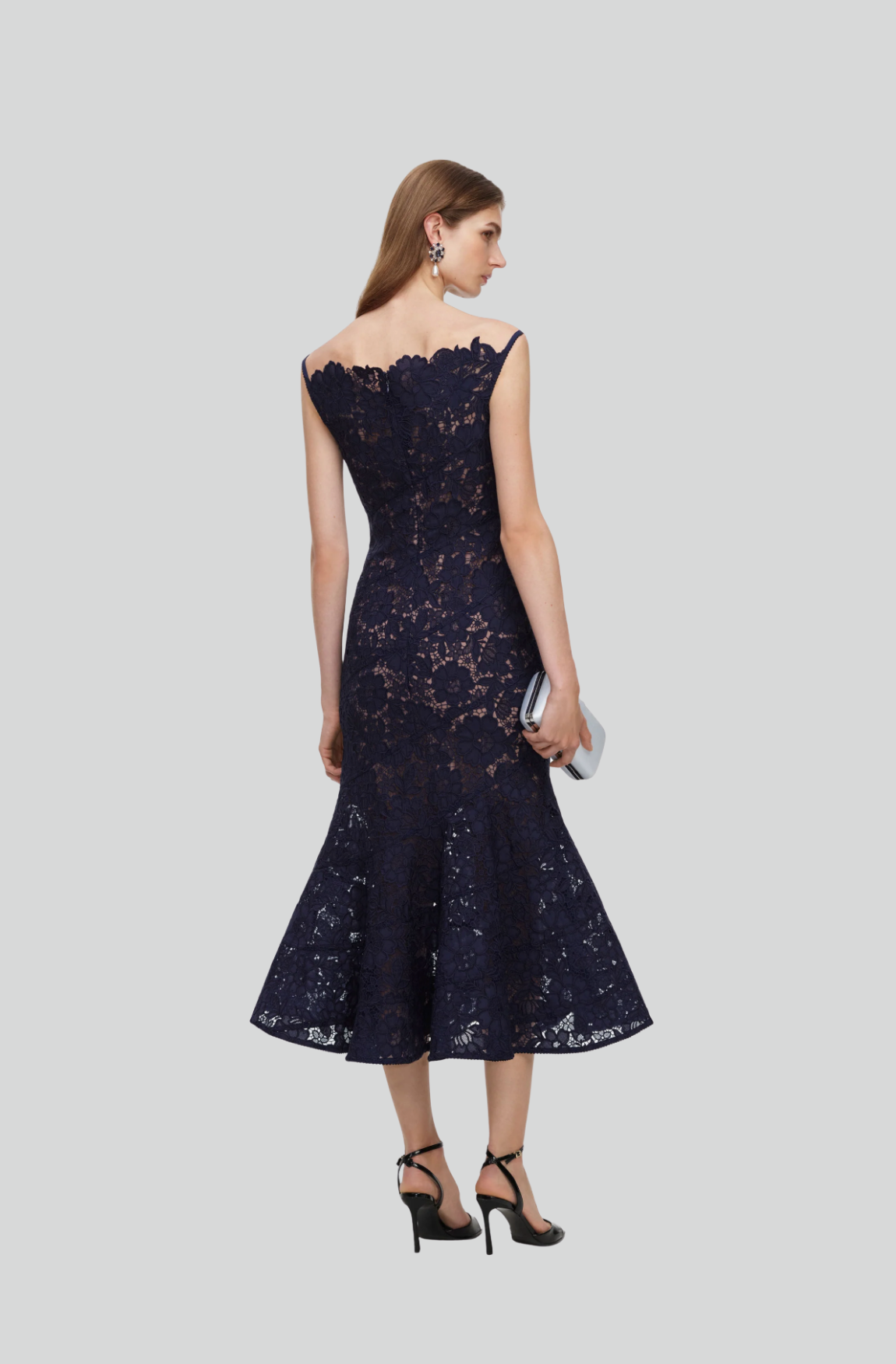 NAVY SPIRAL LACE MIDI DRESS
