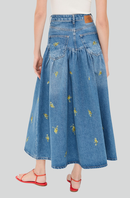 PRINTED FLOWER DENIM LONG SKIRT
