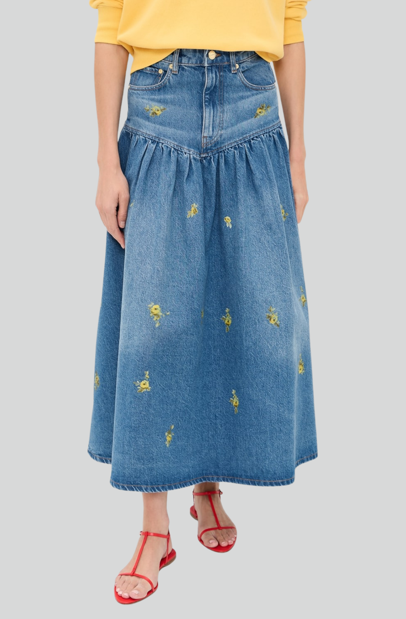 PRINTED FLOWER DENIM LONG SKIRT
