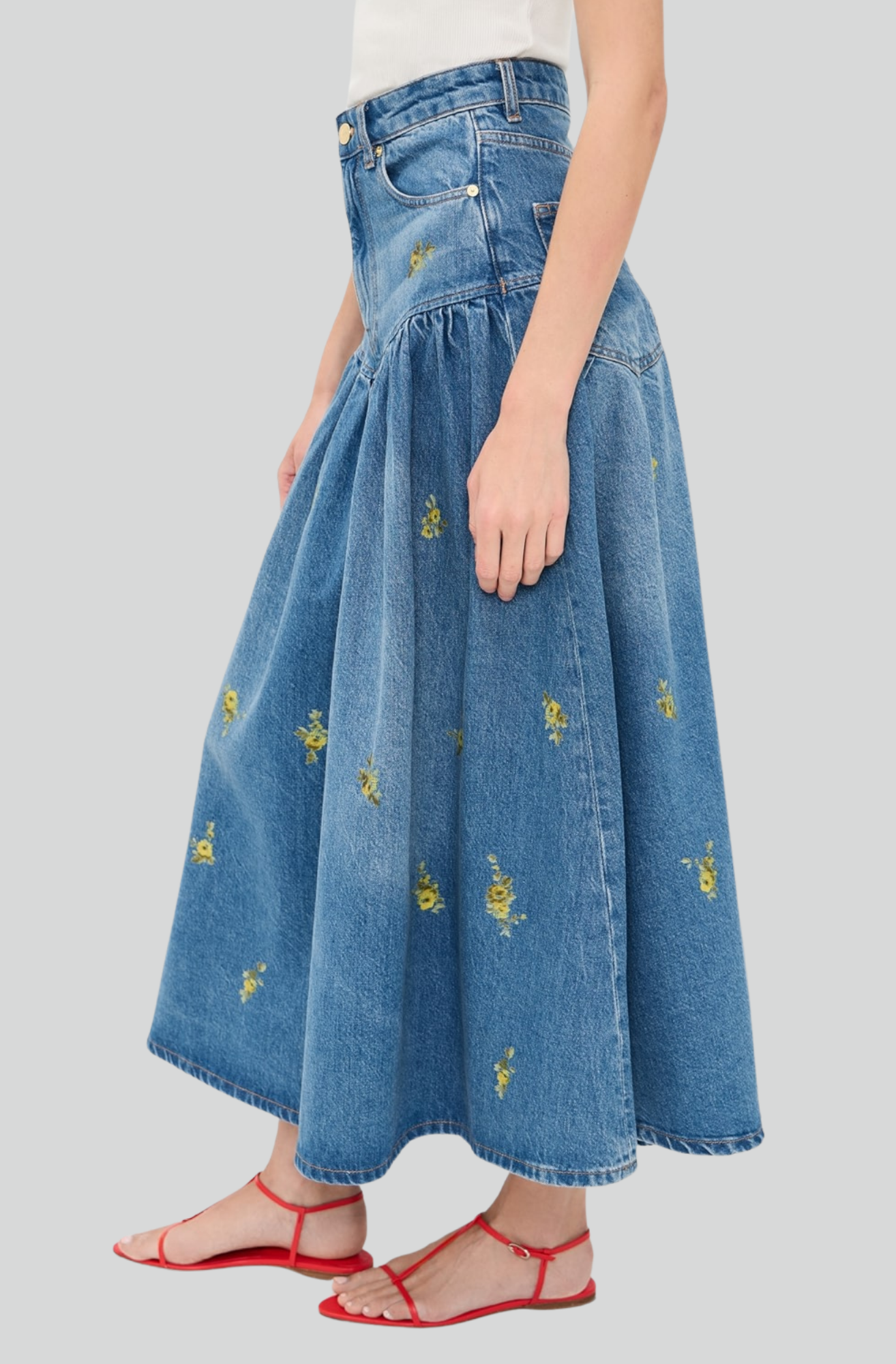 PRINTED FLOWER DENIM LONG SKIRT