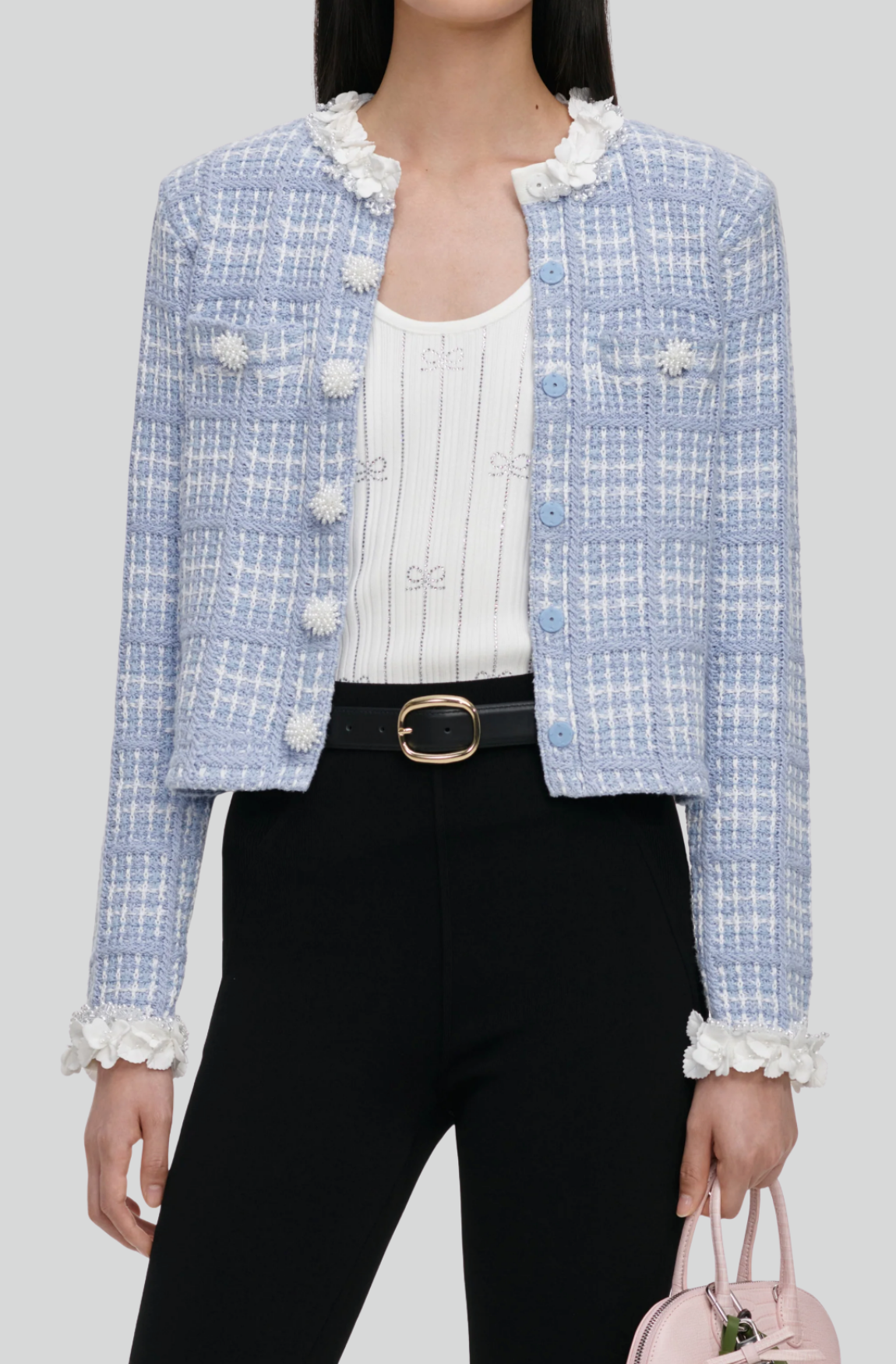 BLUE CHECK KNIT BEADED JACKET