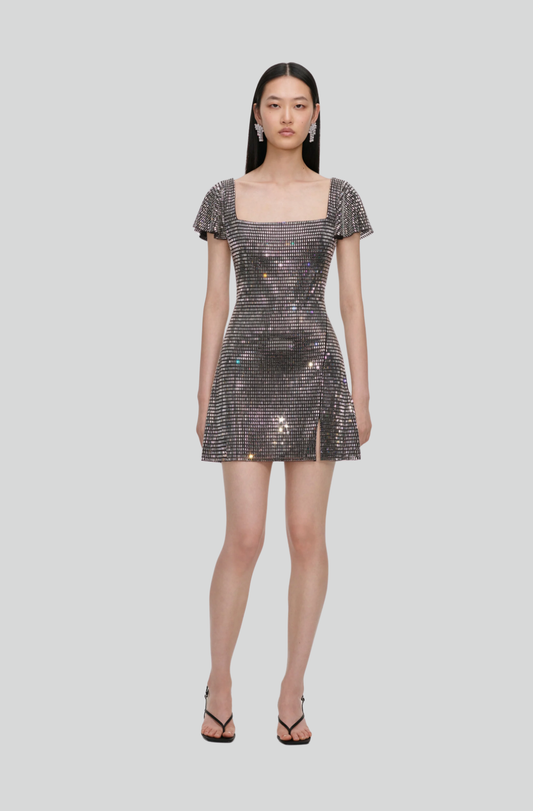 GREY RHINESTONE MESH MINI DRESS