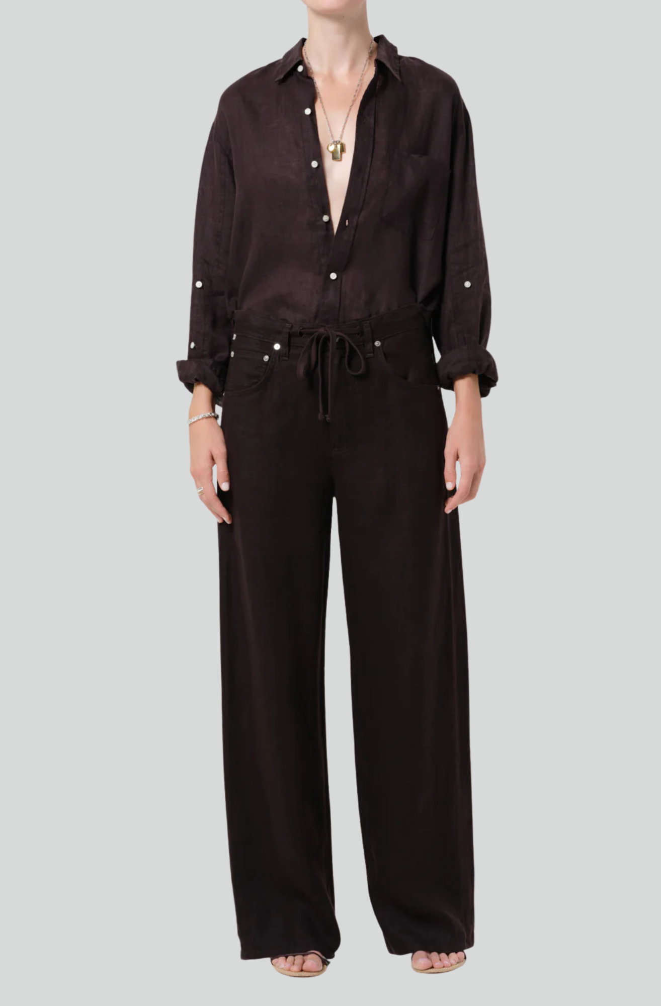 BRYNN DRAWSTRING LINEN TROUSER - CHOCOLATE