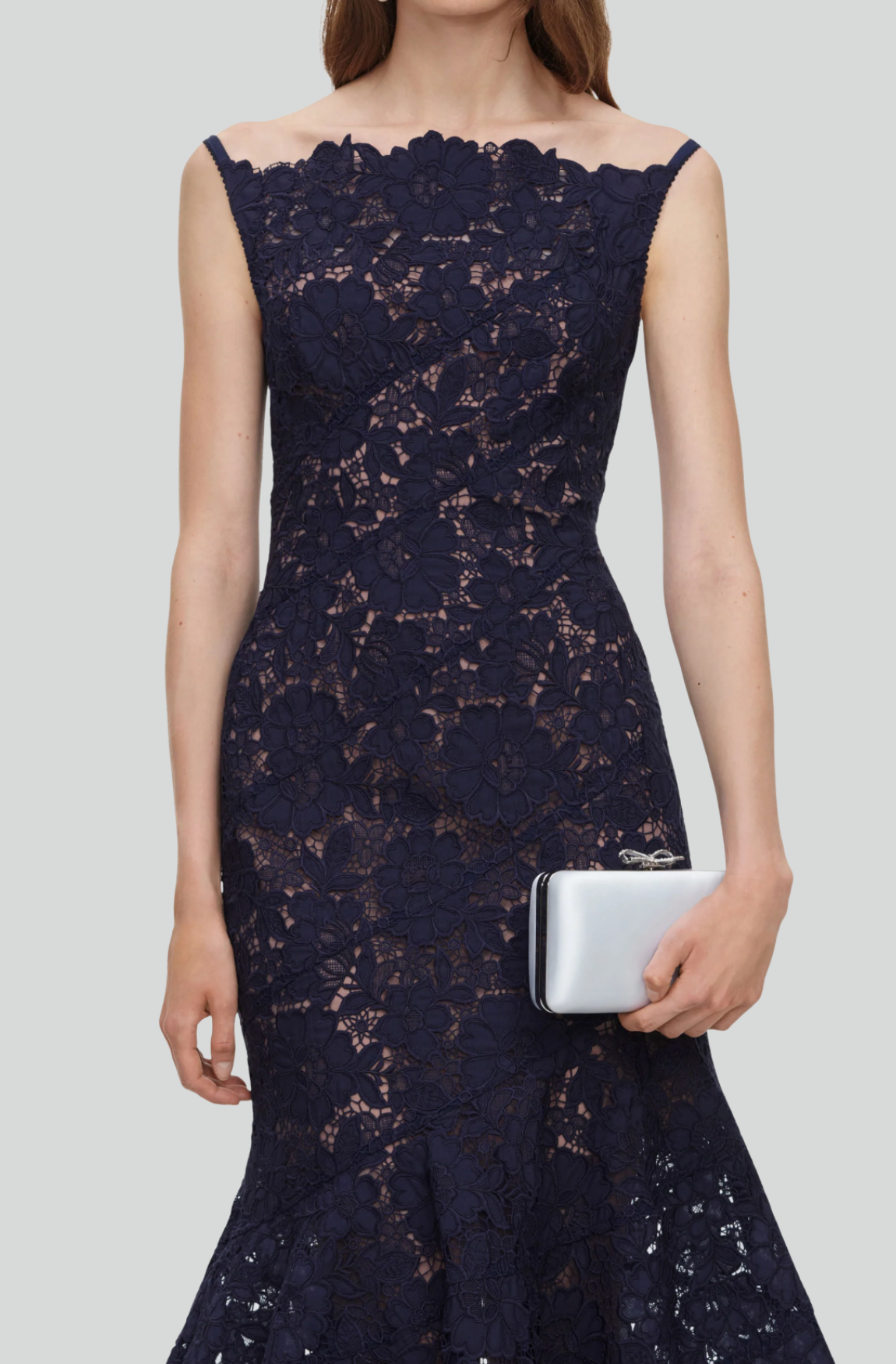 NAVY SPIRAL LACE MIDI DRESS