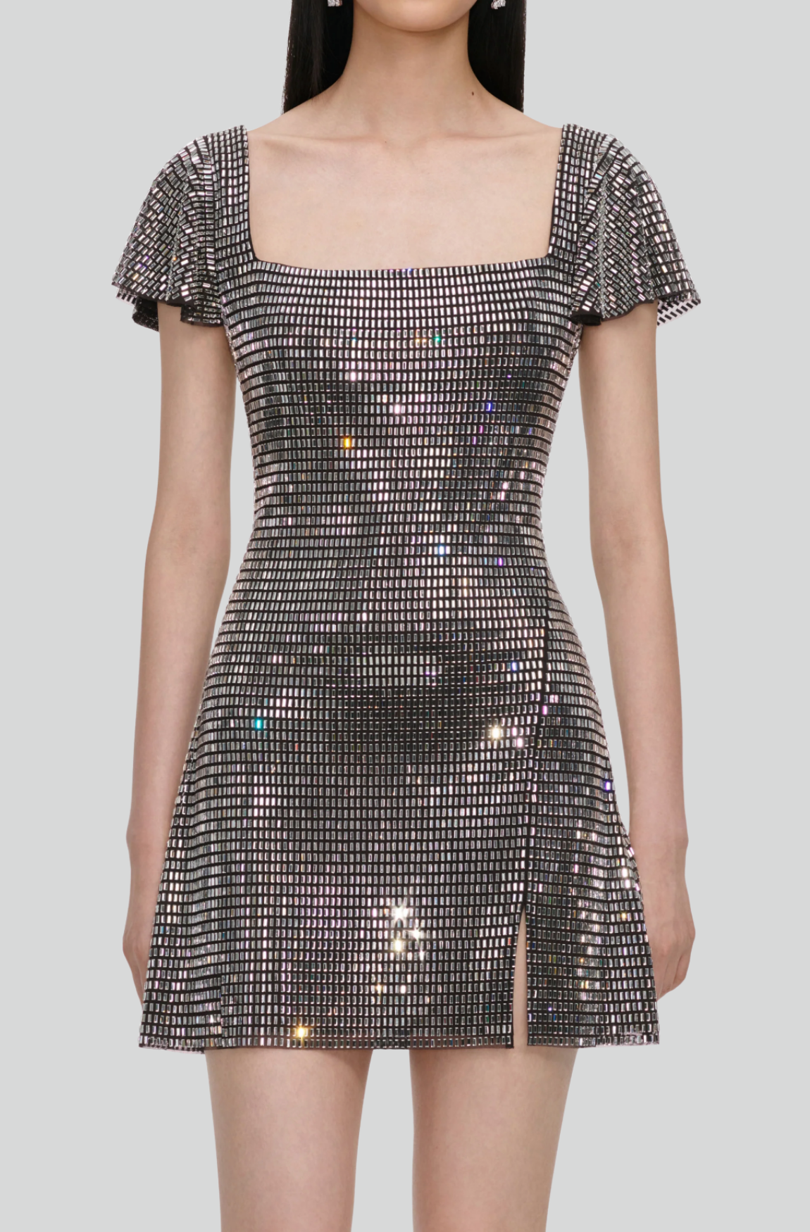 GREY RHINESTONE MESH MINI DRESS
