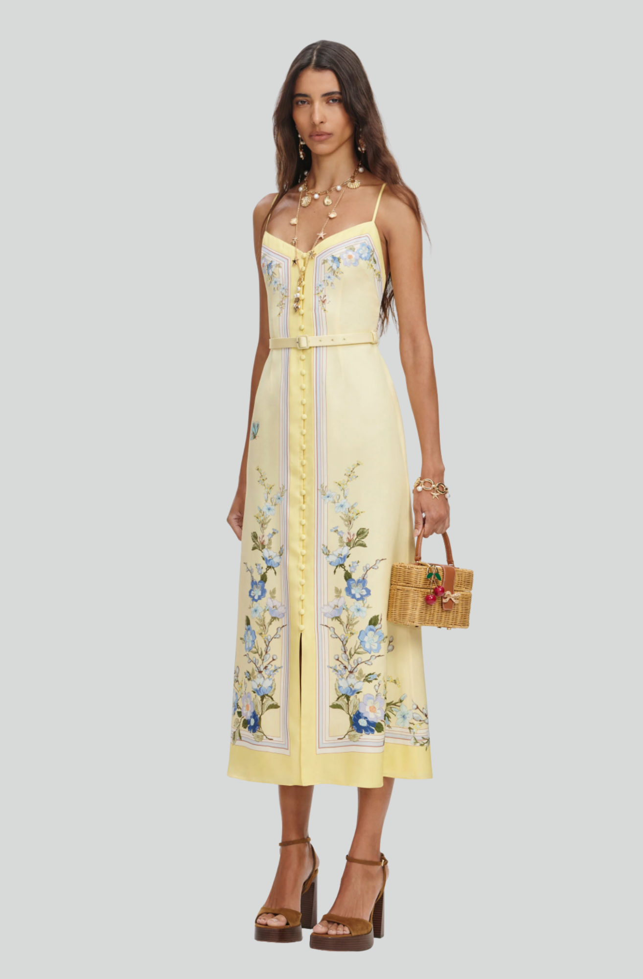 YELLOW FLORAL VISCOSE MIDI DRESS