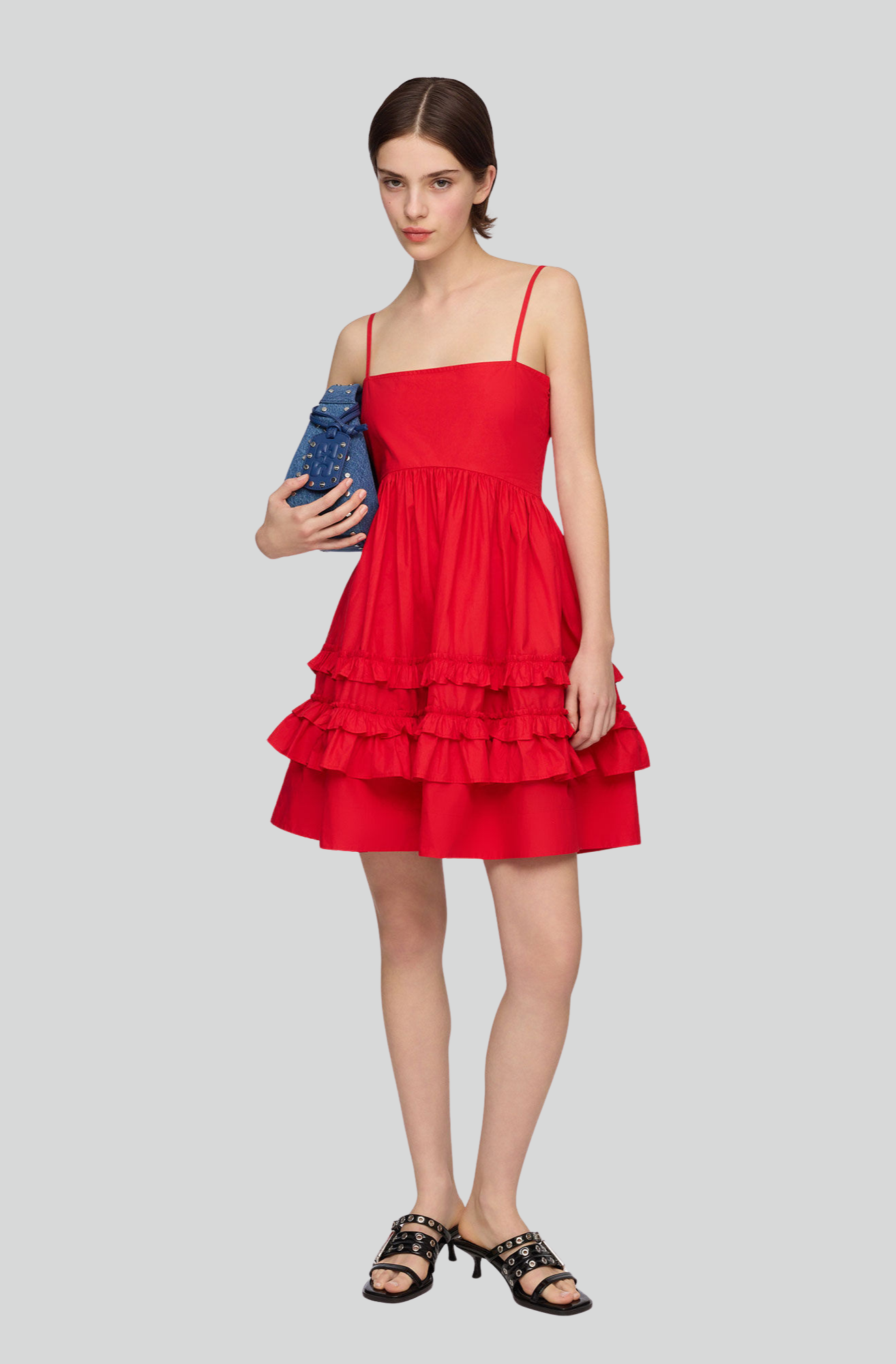 COTTON POPLIN MINI STRAP FRILL DRESS RED