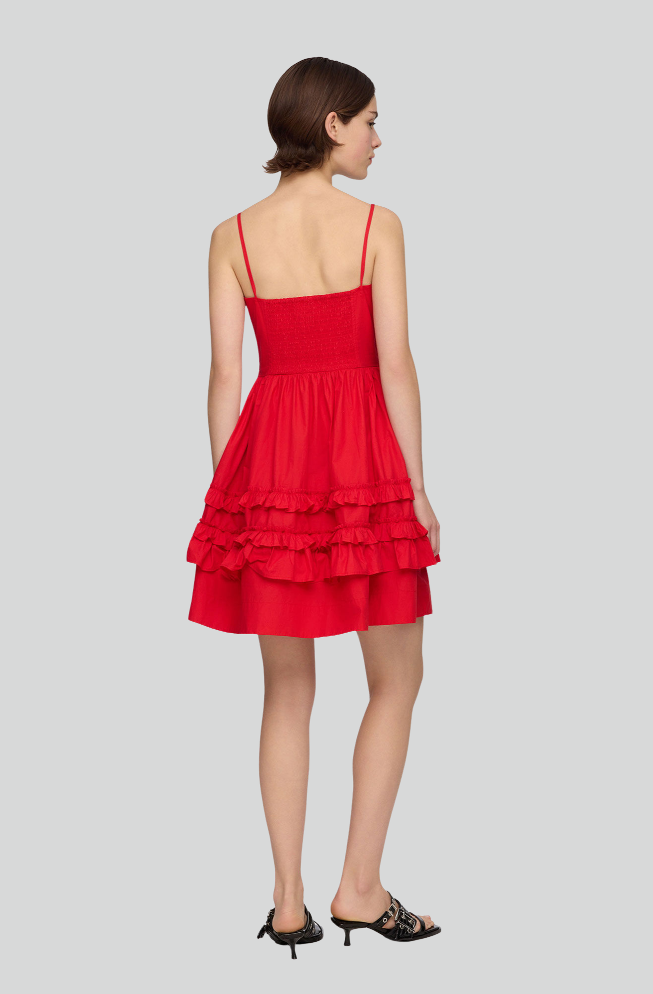 COTTON POPLIN MINI STRAP FRILL DRESS RED