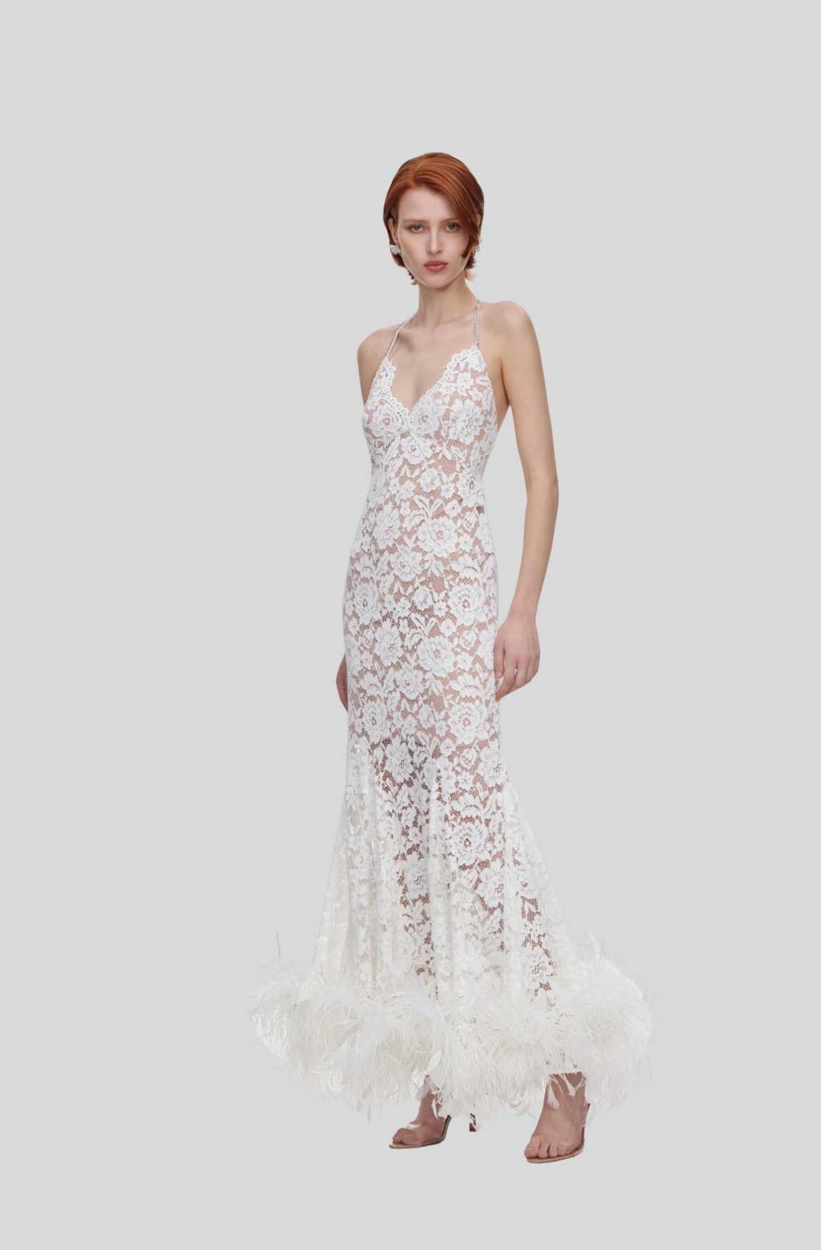 WHITE FINE LACE FEATHER MAXI DRESS