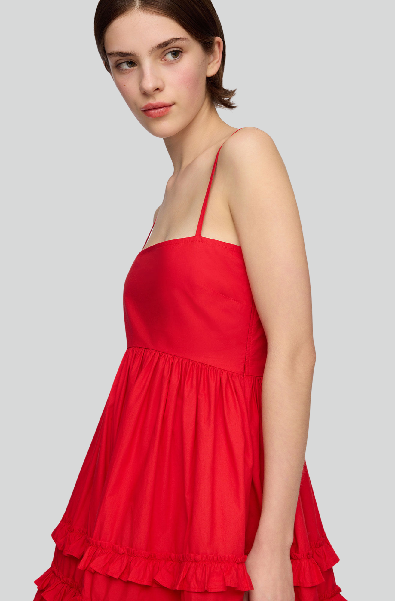 COTTON POPLIN MINI STRAP FRILL DRESS RED