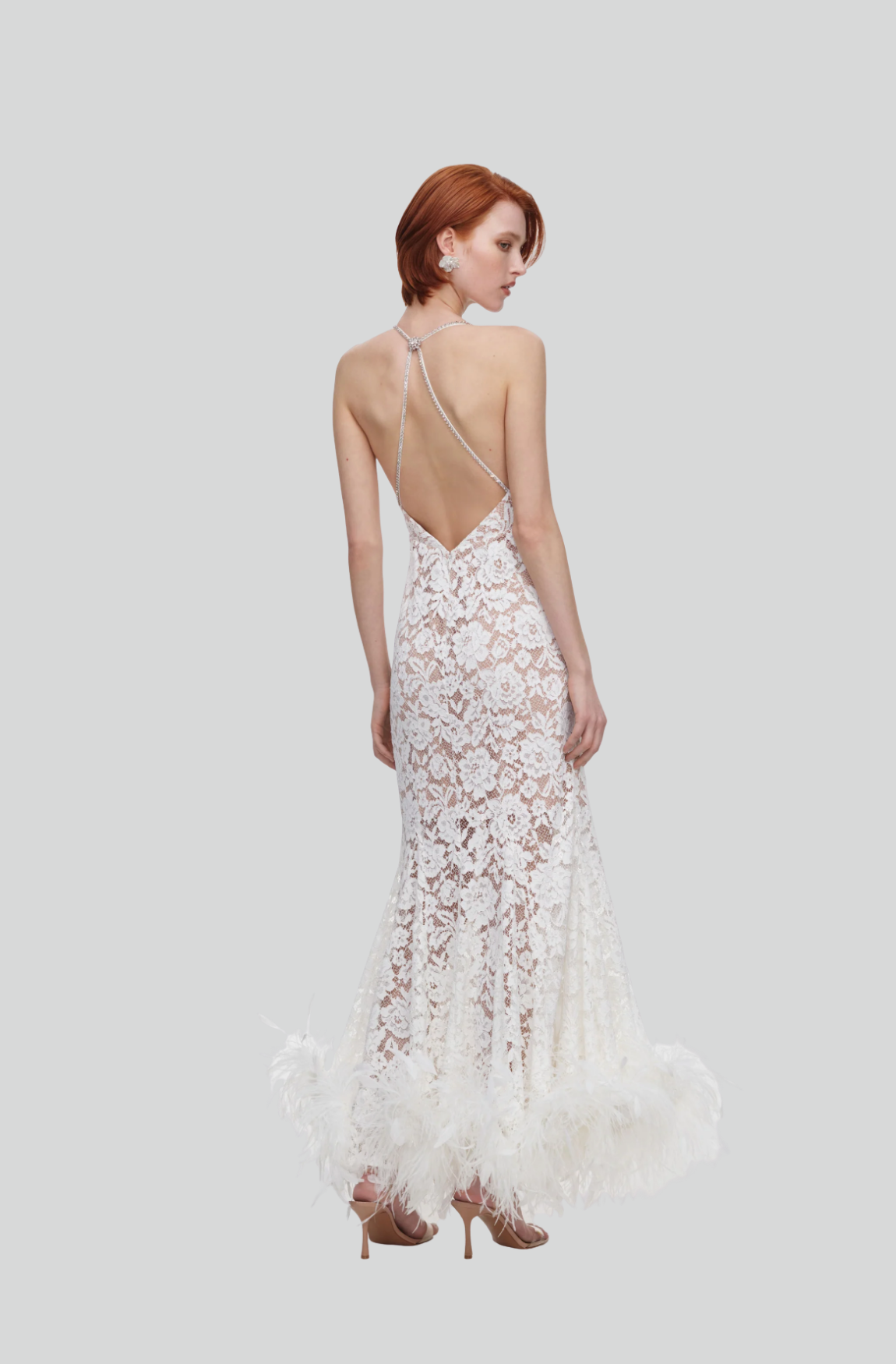 WHITE FINE LACE FEATHER MAXI DRESS