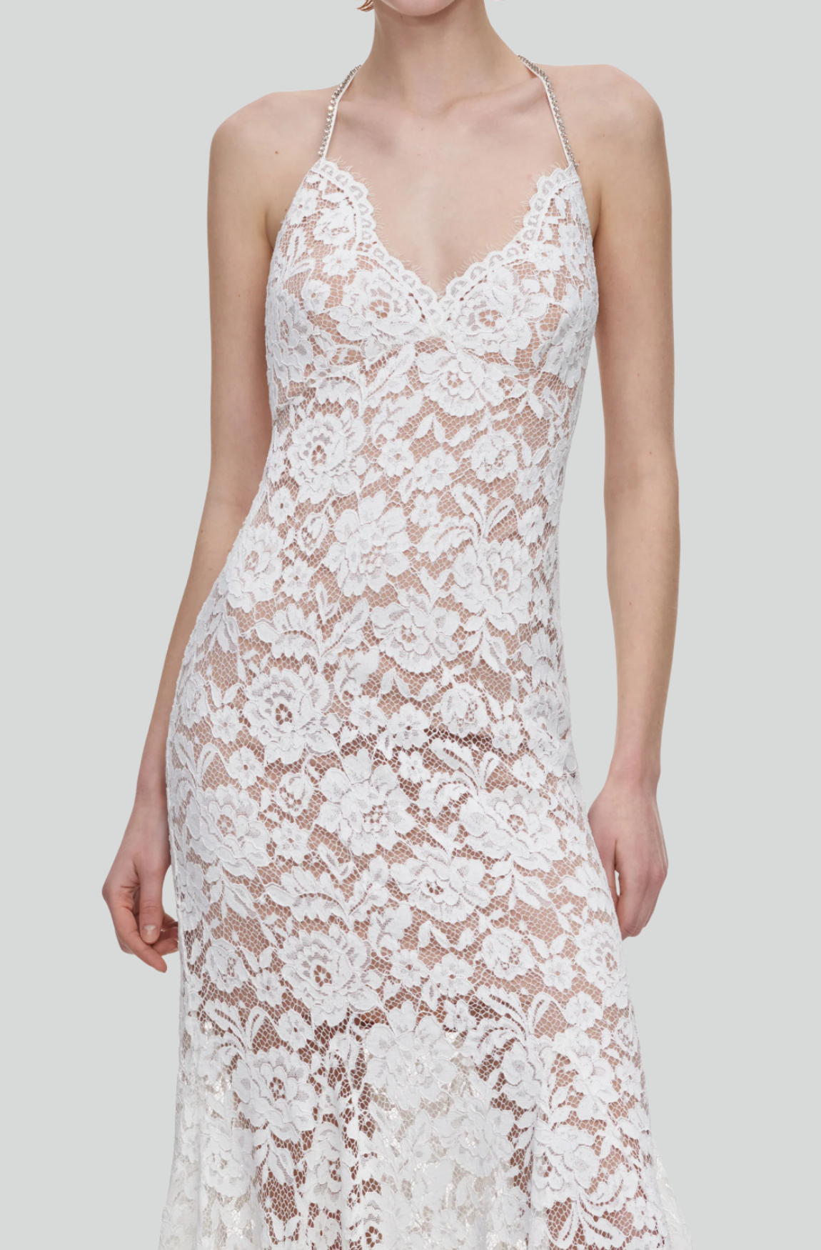 WHITE FINE LACE FEATHER MAXI DRESS
