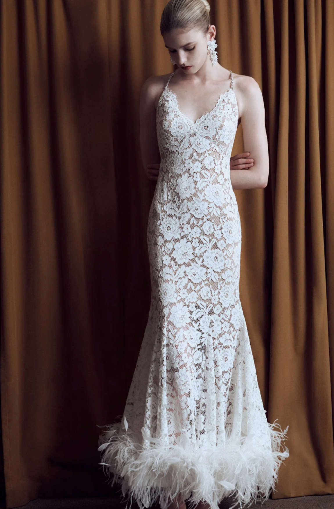 WHITE FINE LACE FEATHER MAXI DRESS