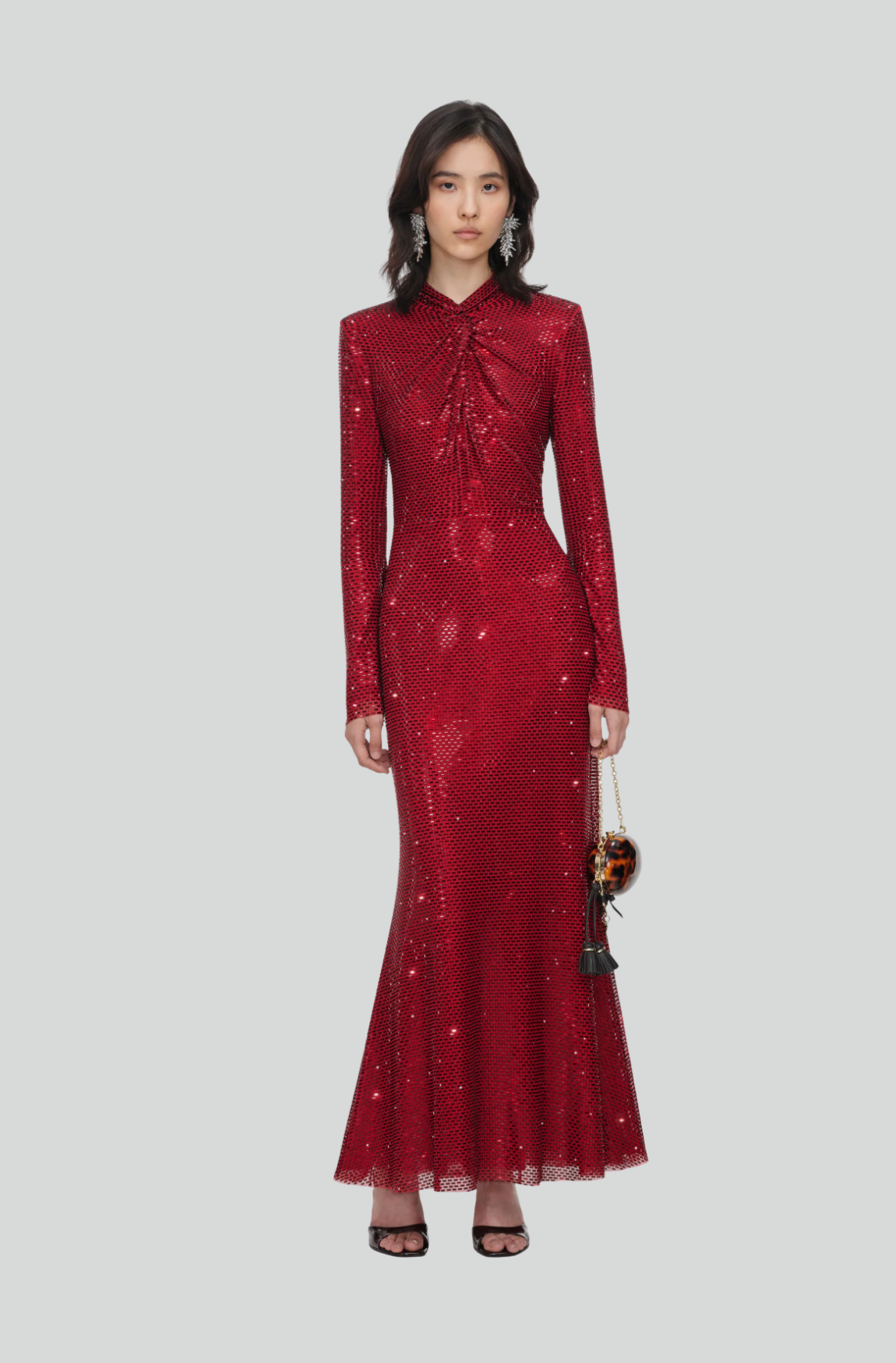 RED RHINESTONE MESH TWIST MIDI DRESS