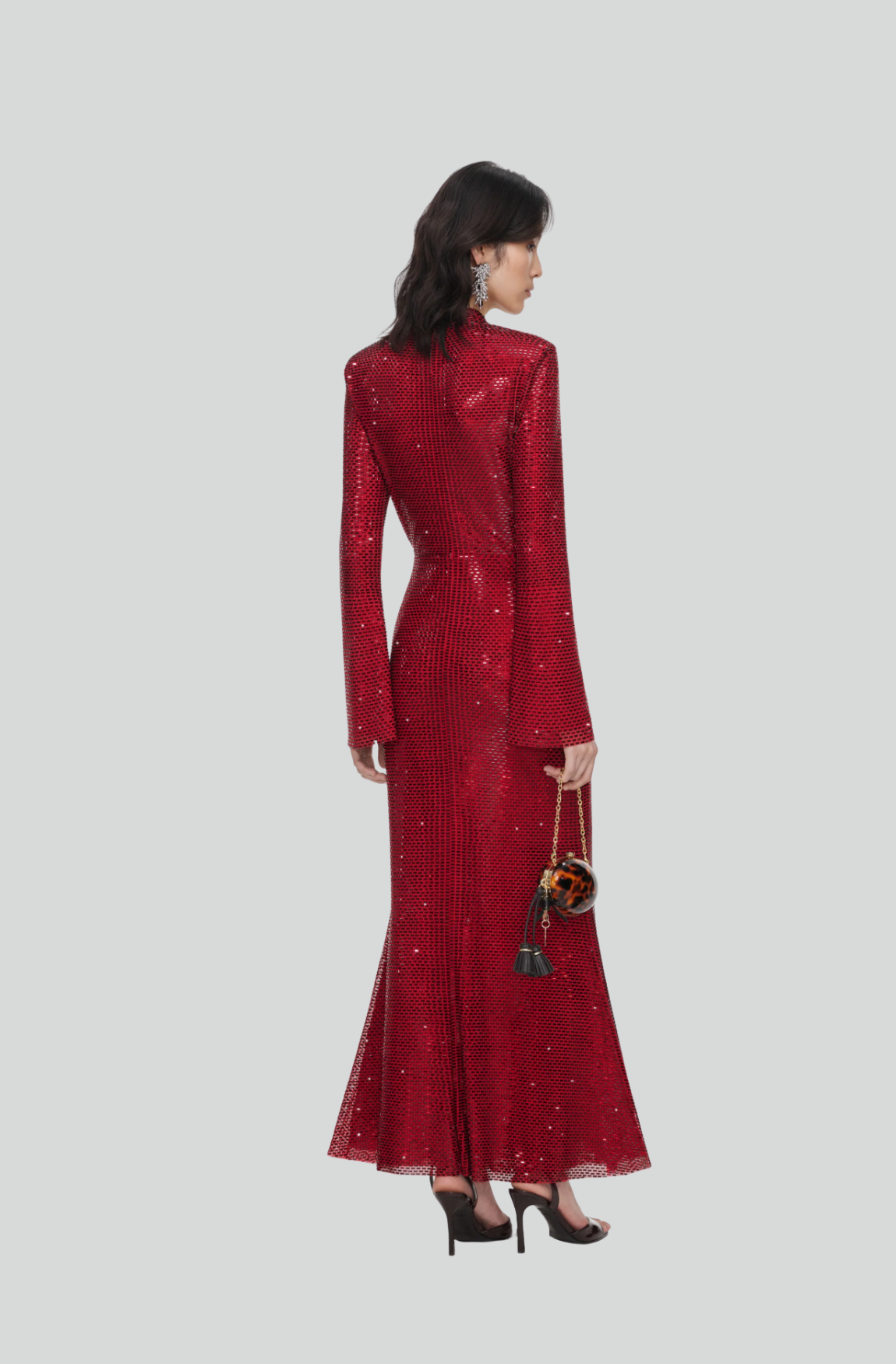 RED RHINESTONE MESH TWIST MIDI DRESS