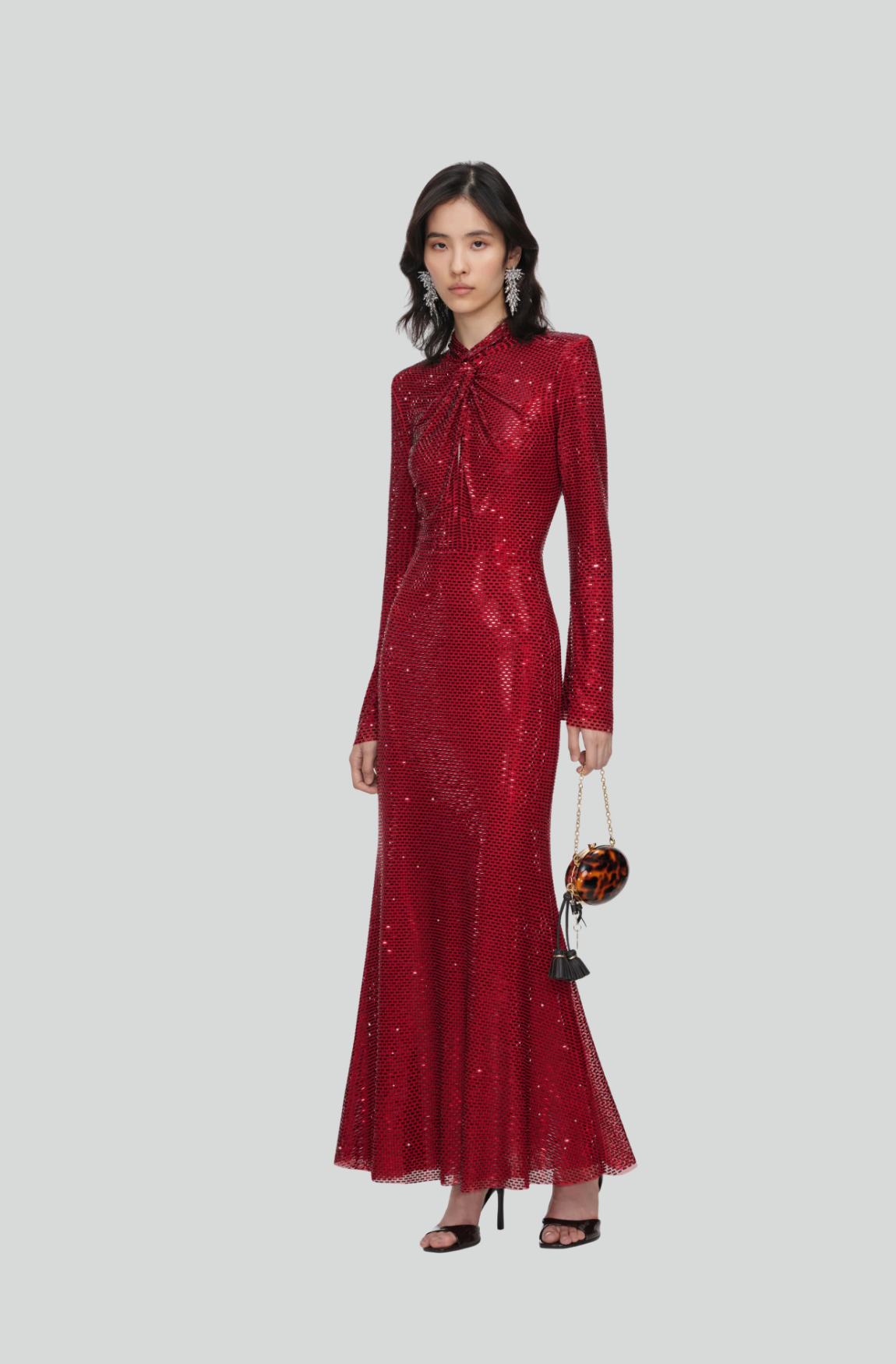 RED RHINESTONE MESH TWIST MIDI DRESS