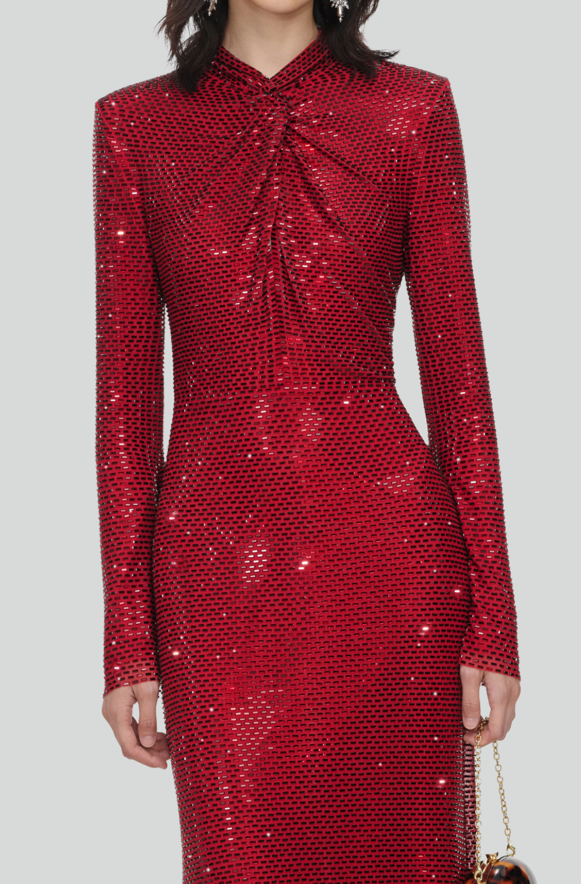 RED RHINESTONE MESH TWIST MIDI DRESS