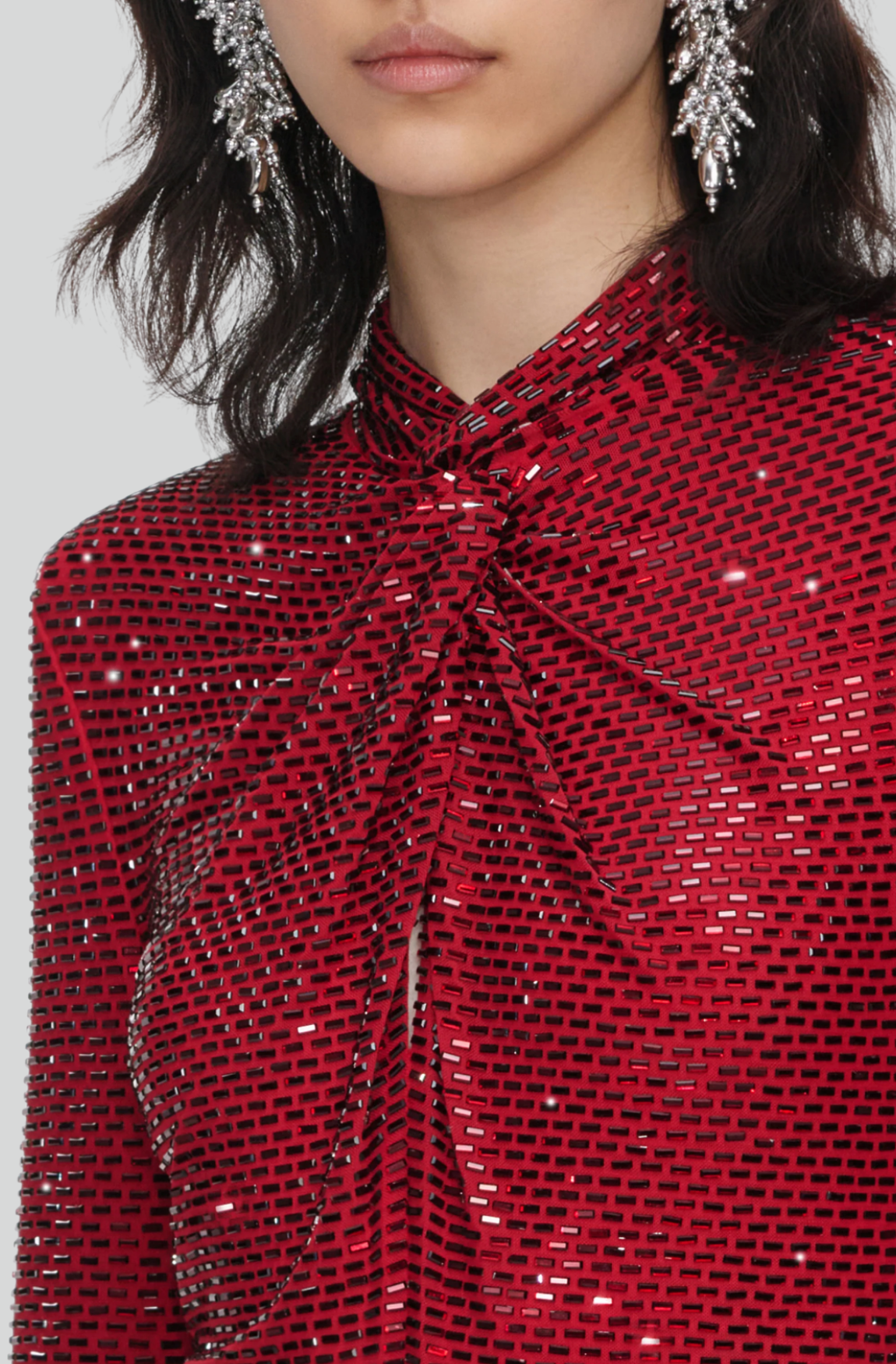 RED RHINESTONE MESH TWIST MIDI DRESS