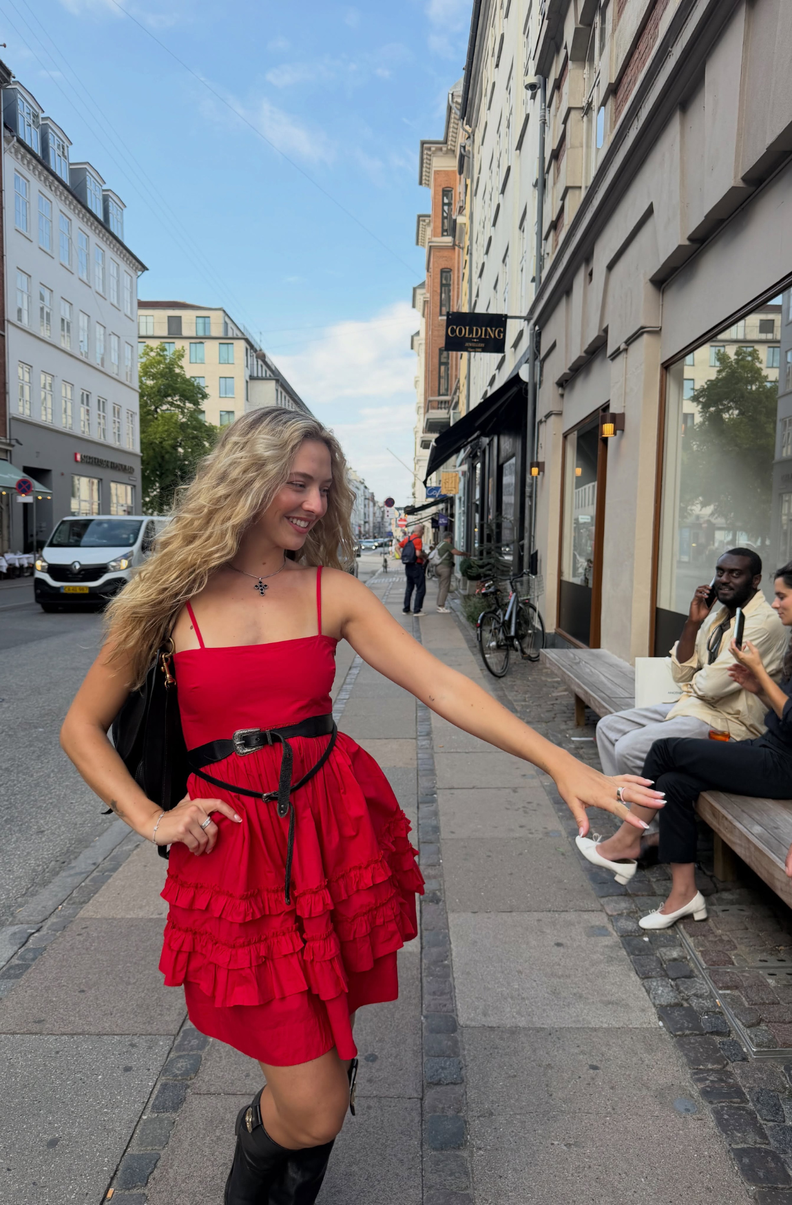 COTTON POPLIN MINI STRAP FRILL DRESS RED