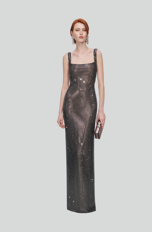 GUNMETAL SQUARE NECK RHINESTONE MAXI DRESS
