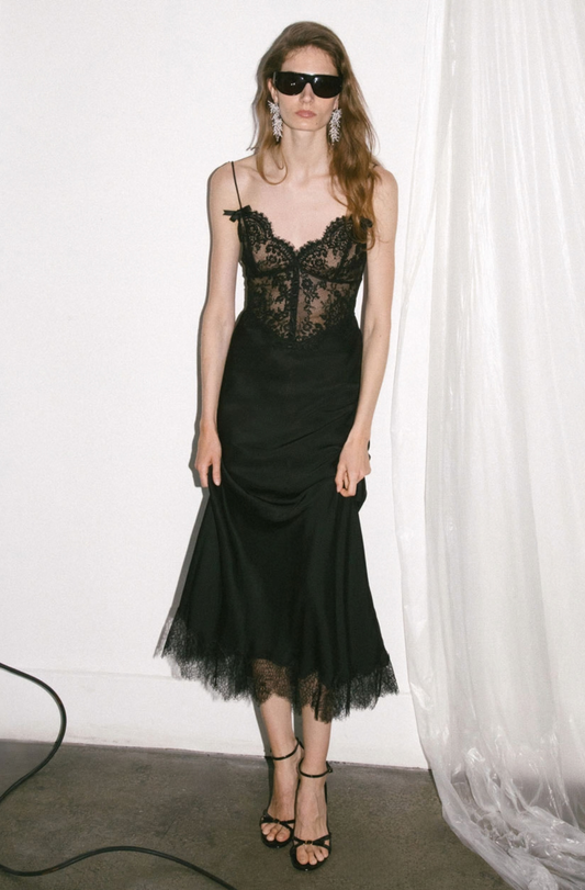 BLACK SATIN LACE MIDI DRESS