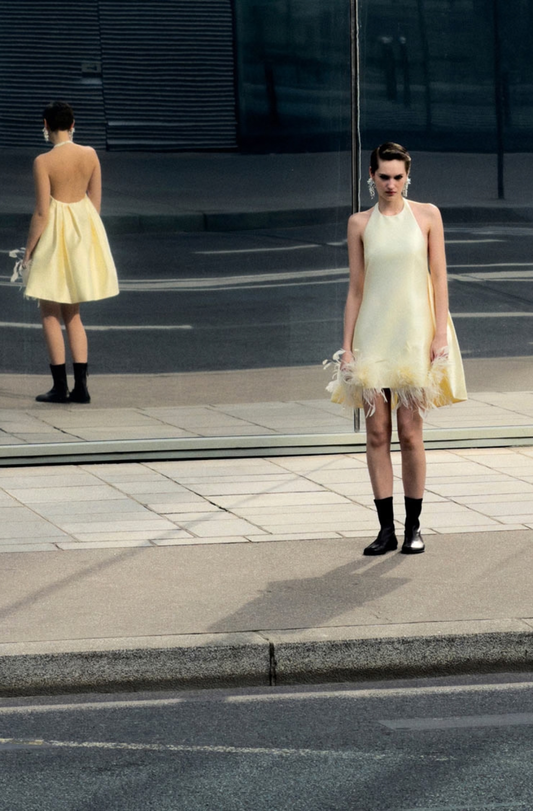 YELLOW TAFFETA FEATHER TRIM MINI DRESS