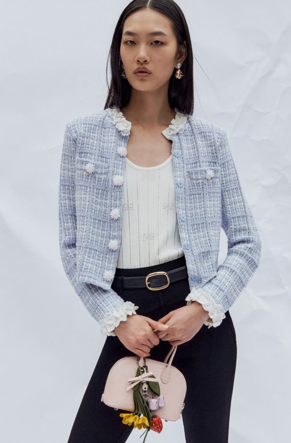 BLUE CHECK KNIT BEADED JACKET
