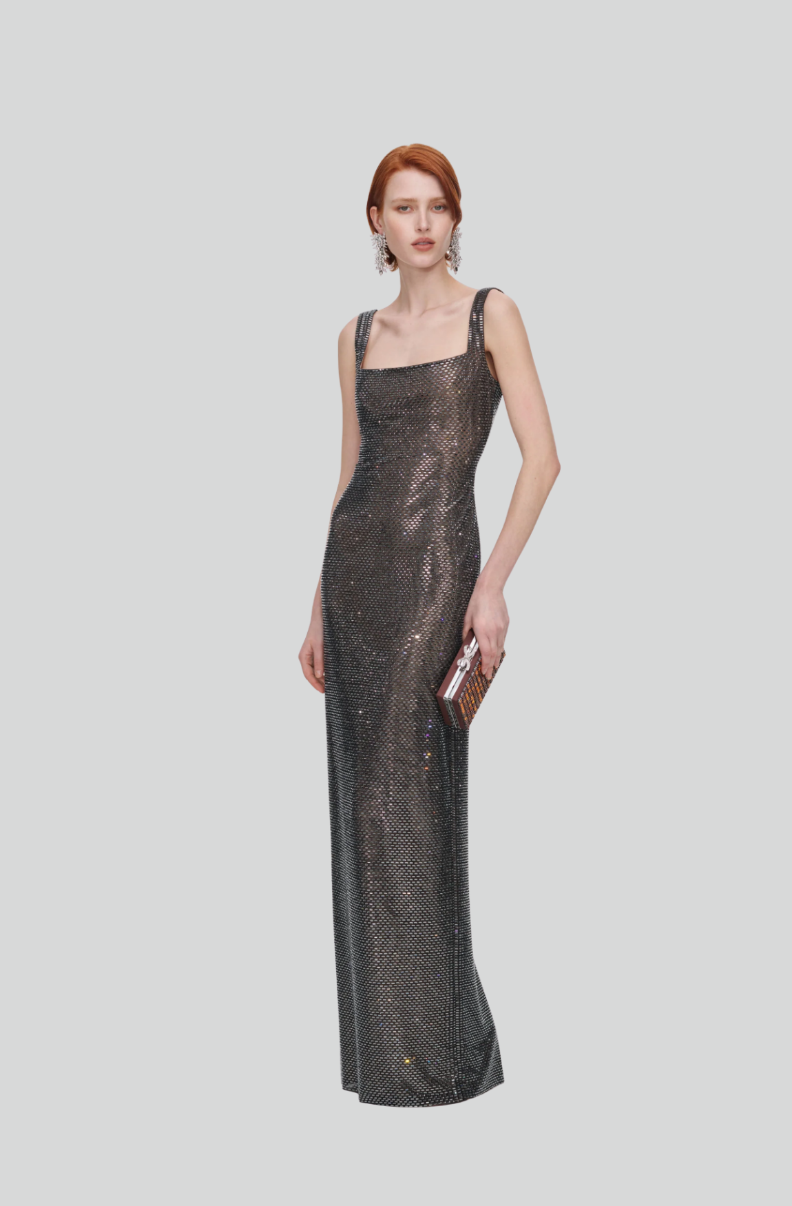 GUNMETAL SQUARE NECK RHINESTONE MAXI DRESS