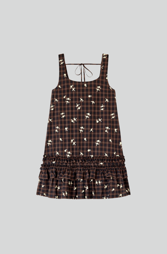 YARN DYED CHECK U NECK MINI DRESS