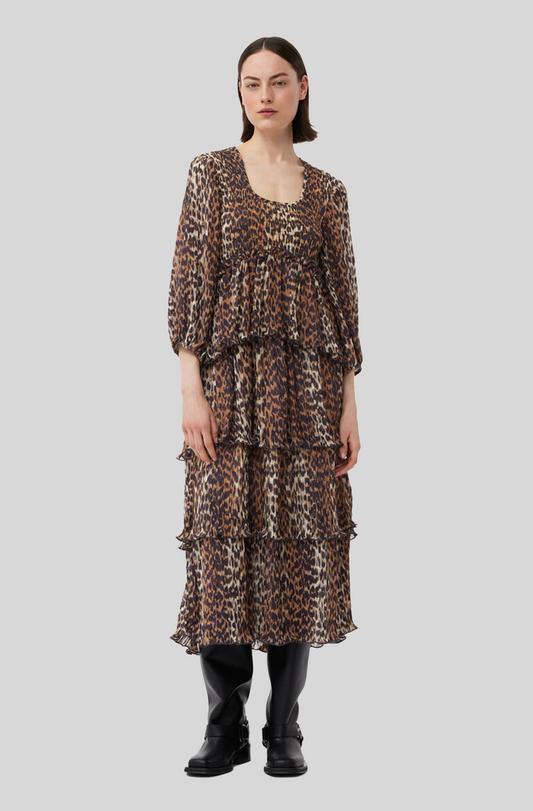 LEOPARD PLEATED GEORGETTE FLOUNCE SMOCK MIDI DRESS