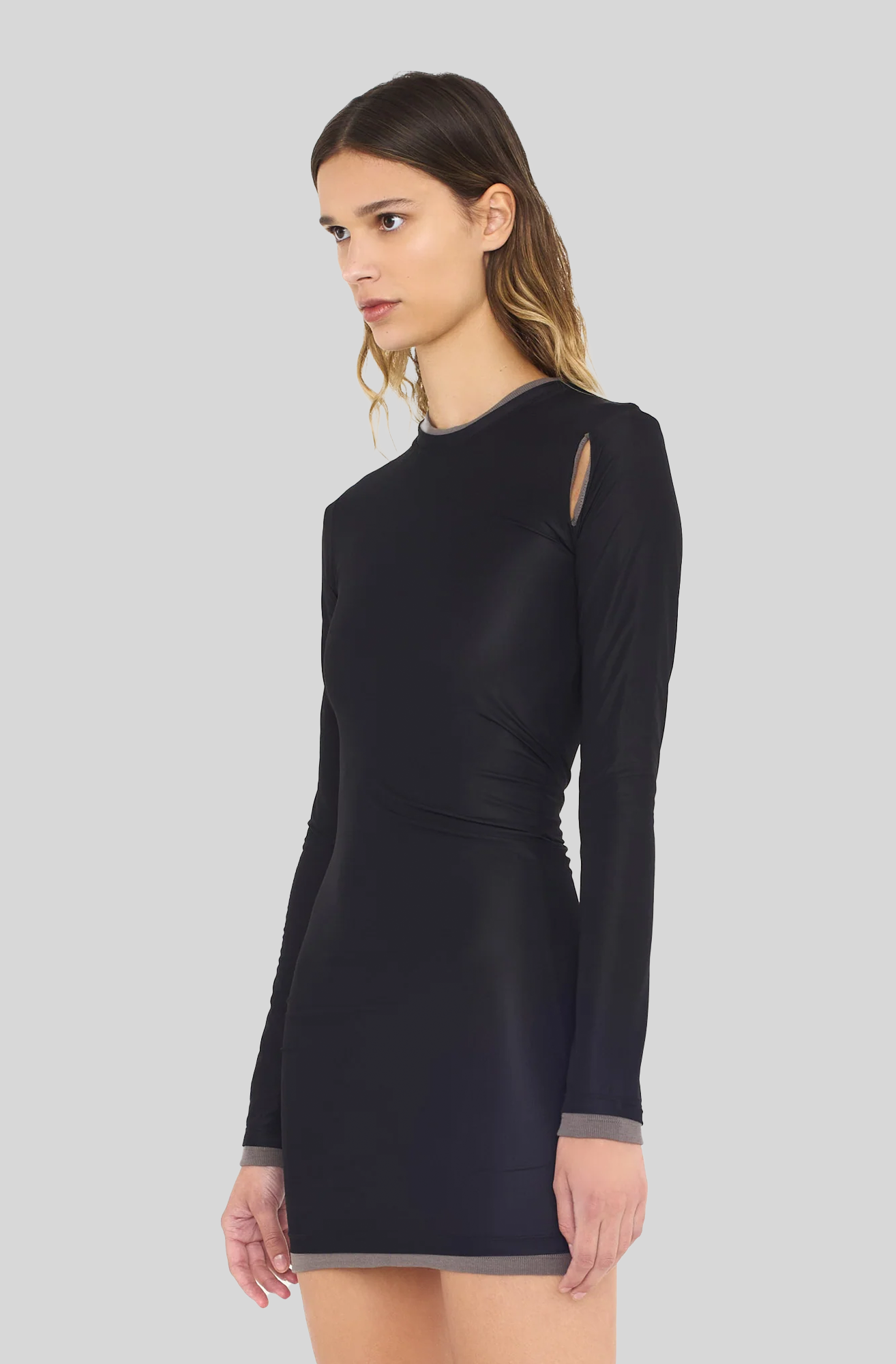 SHEER OVERLAY PEEPHOLE RIB DRESS