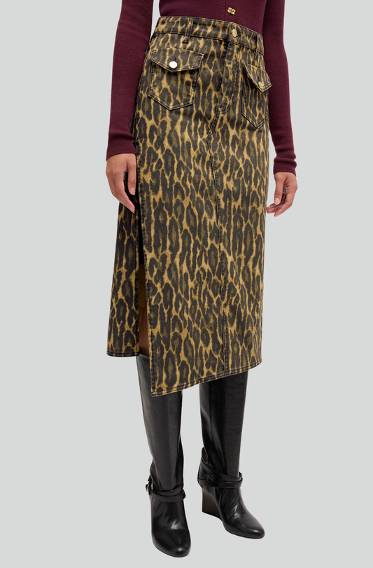 LEOPARD PRINT DENIM MIDI SKIRT