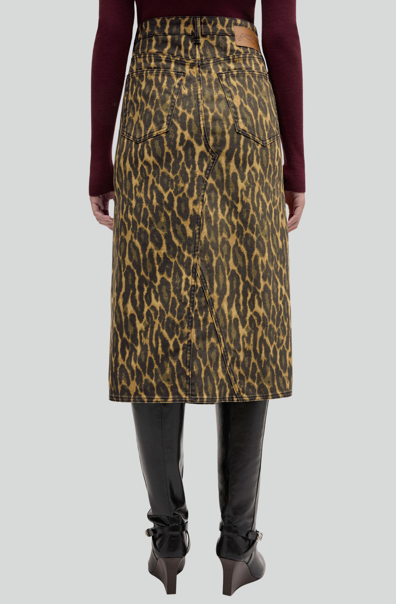 LEOPARD PRINT DENIM MIDI SKIRT