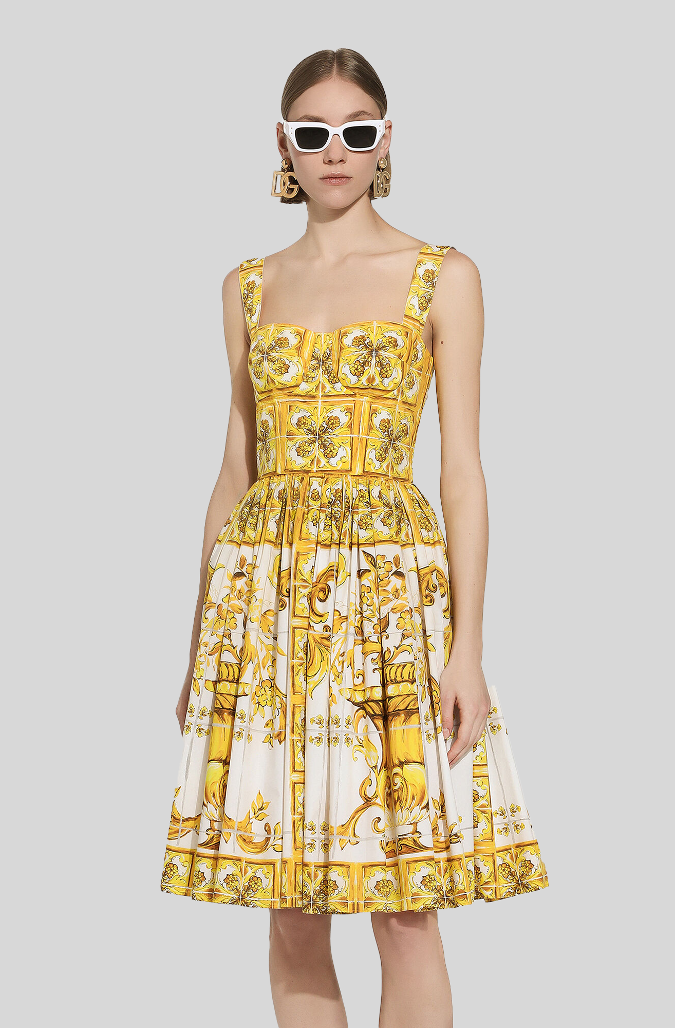 MIDI CORSET DRESS IN COTTON POPLIN WITH MAJOLICA PRINT