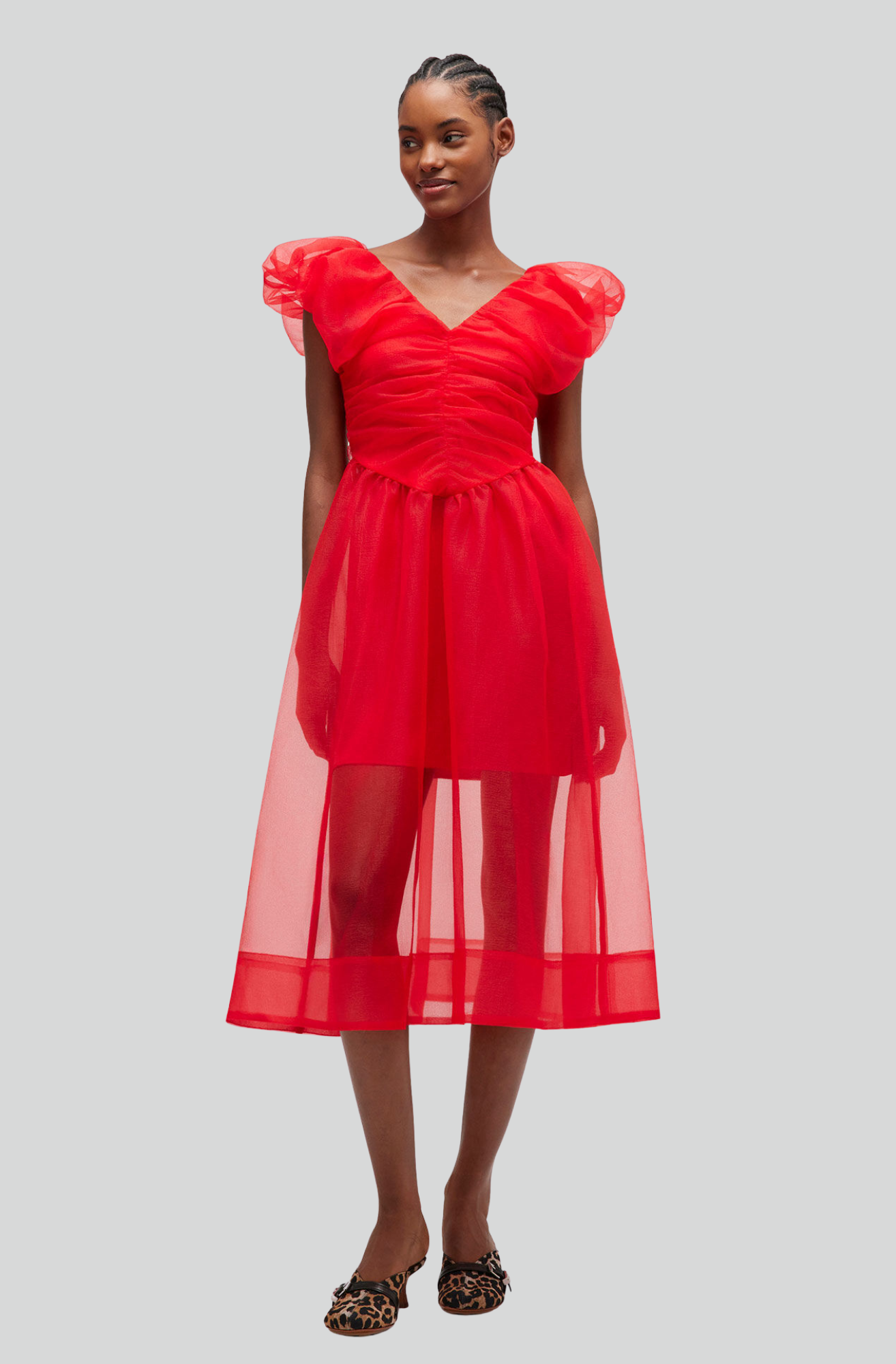 RED ORGANZA RUCHED DRESS