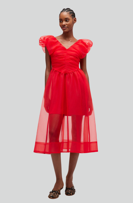 RED ORGANZA RUCHED DRESS
