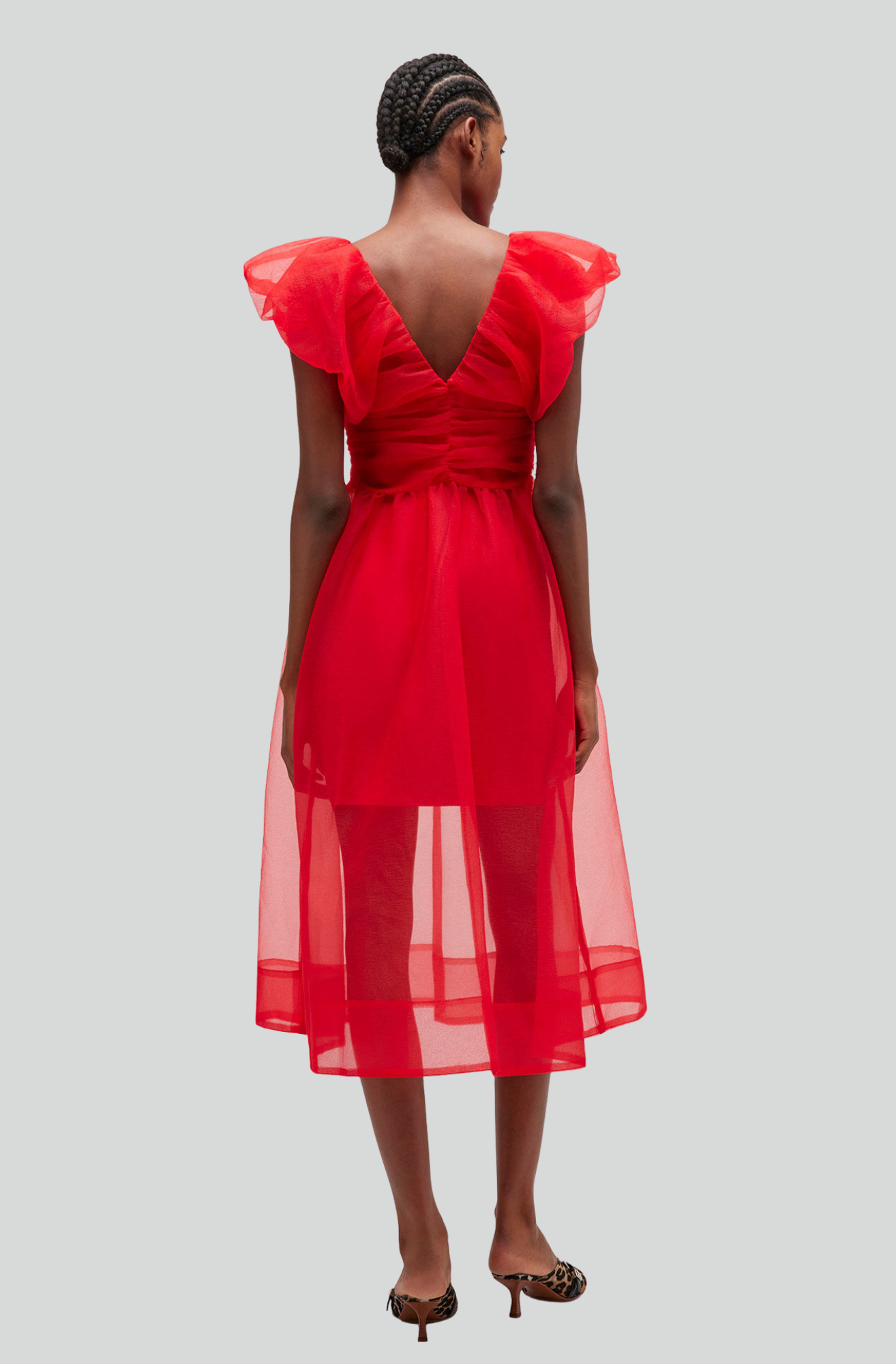 RED ORGANZA RUCHED DRESS