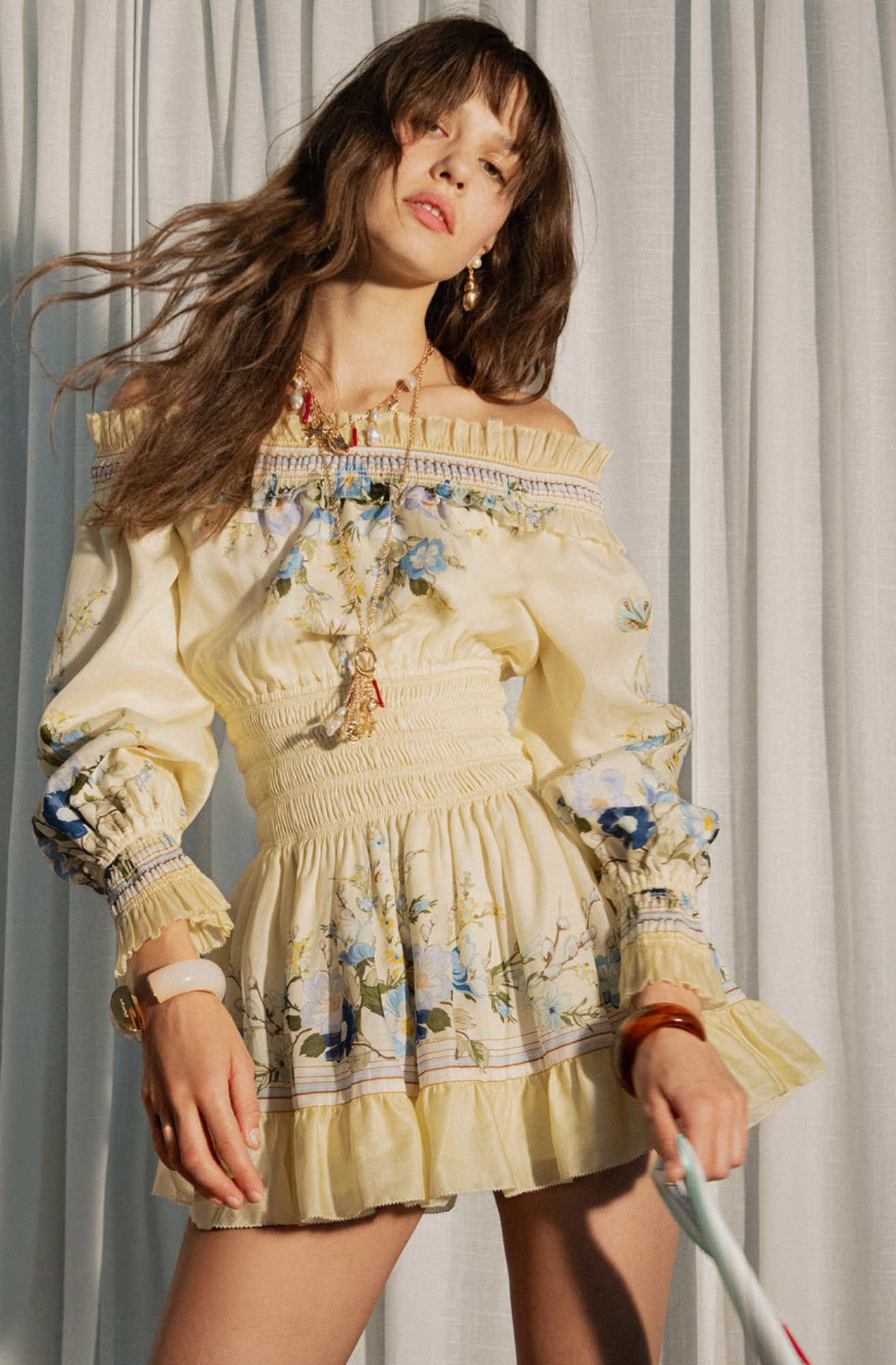 YELLOW FLORAL ORGANZA RUFFLE MINI DRESS