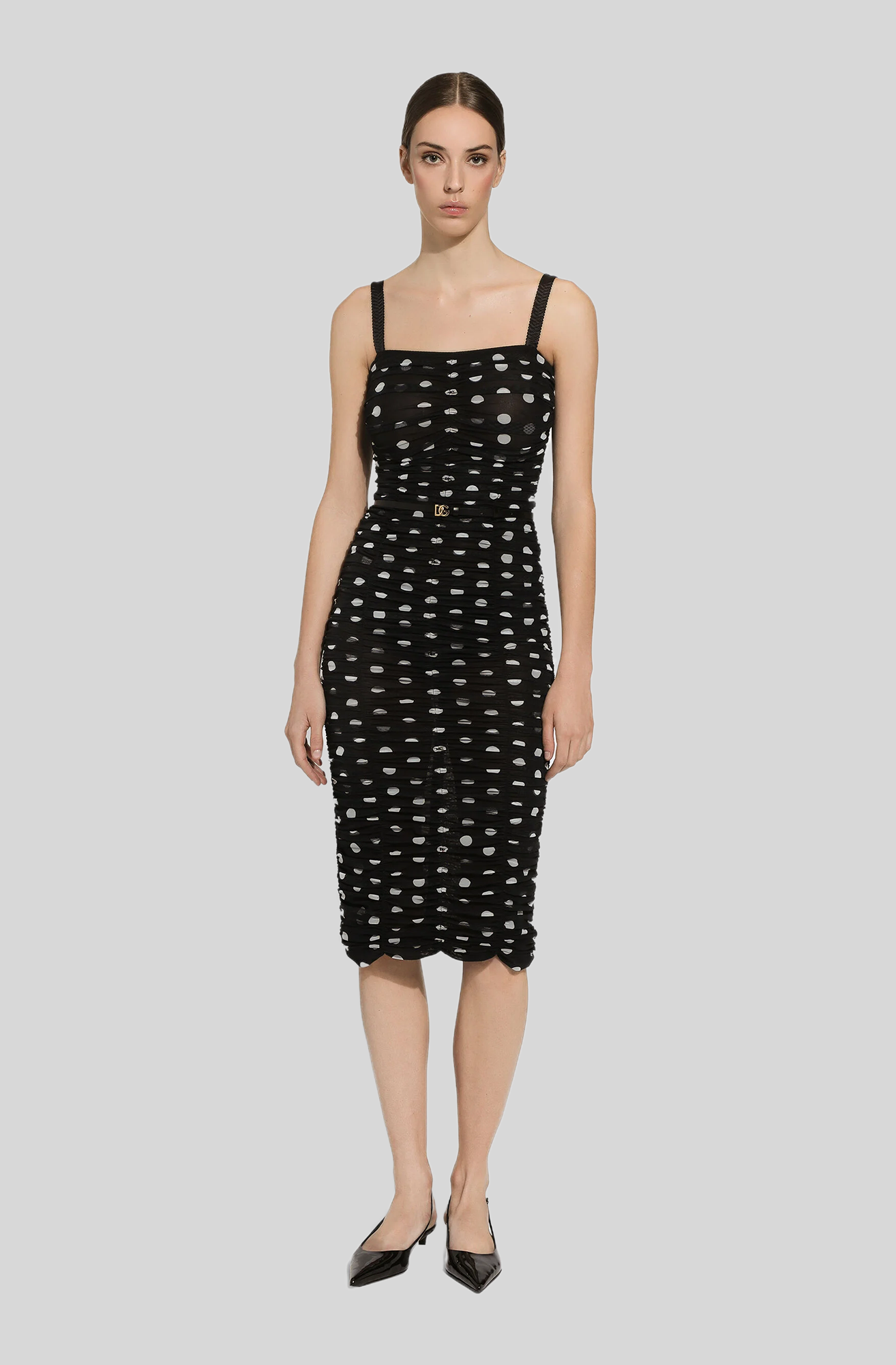 TULLE CALF-LENGTH SHEATH DRESS IN POLKA-DOT PRINT