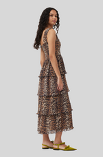 Load image into Gallery viewer, LEOPARD PLEATED GEORGETTE FLOUNCE SMOCK MIDI DRESS
